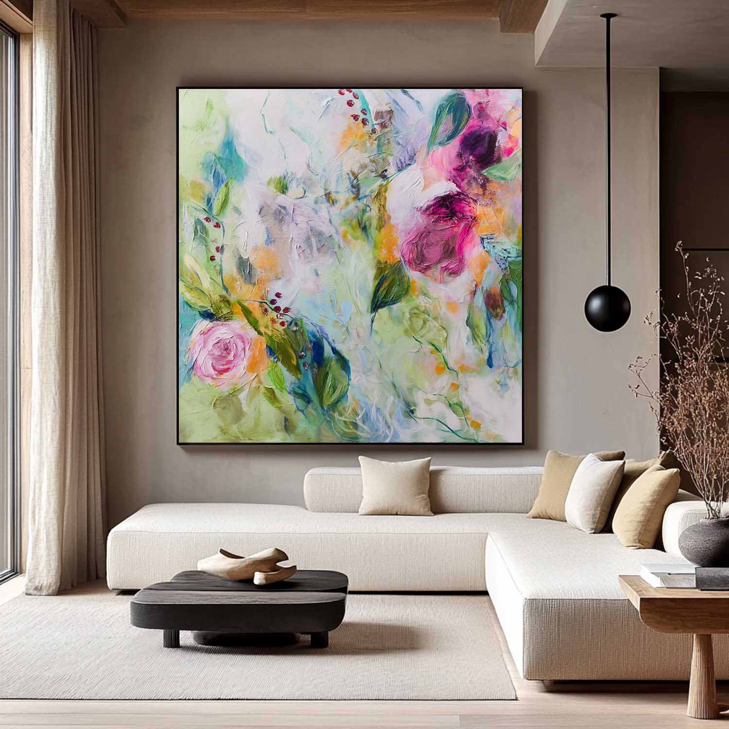 Flowers Acrylic Painting Canvas Original Floral Artwork Square Large Abstract Flowers Art For Living Room