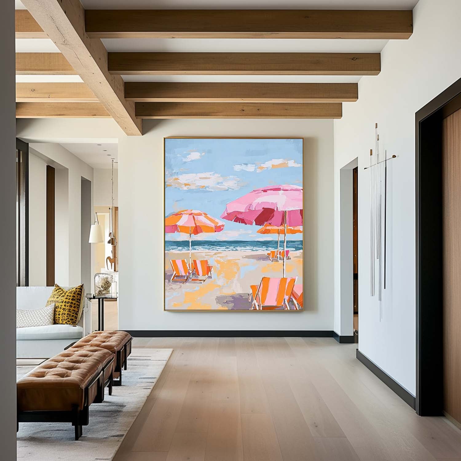 Colorful Seaside Landscape Artwork Abstract Beach Scenery Oil Painting Framed Large Wall Art Home Decor