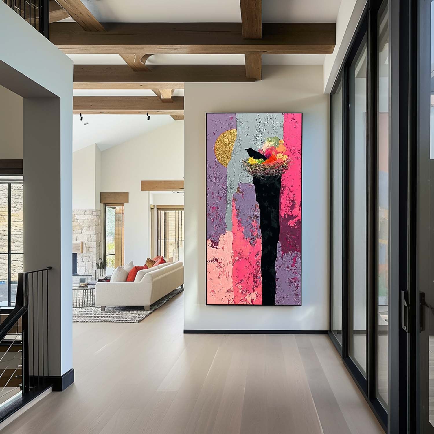 Large Abstract Bird's Nest And Contrasting Background Oil Painting Original Nature Wall Art Home Decor