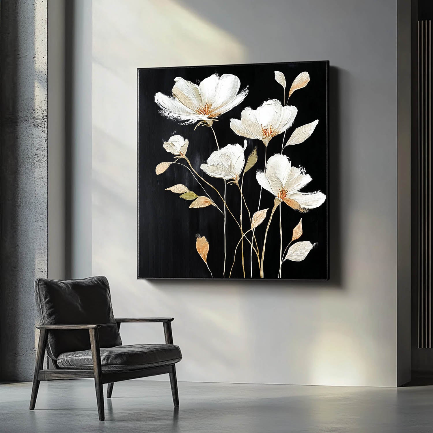 Black Original Artwork Texture Plant Wall Art Large White Flower Abstract Oil Painting Canvas Home Decor