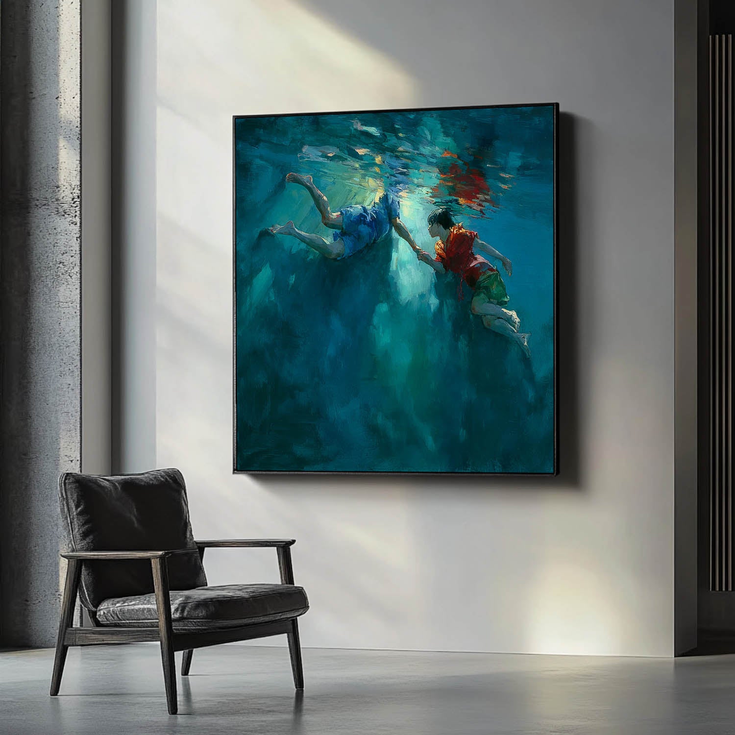 Two Children Artwork Square Diving In Ocean Acrylic Painting Original Child swimming Wall Art For Living Room