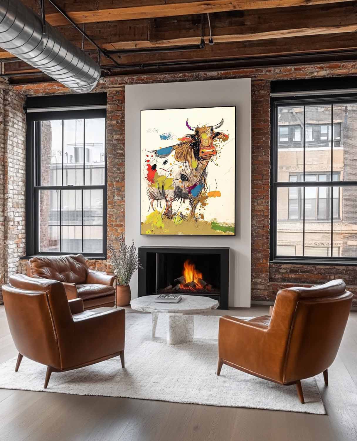 Modern Colorful Cow Abstract Wall Art Minimalism Animal Oil Painting Large Ox Acrylic Painting Home Decor