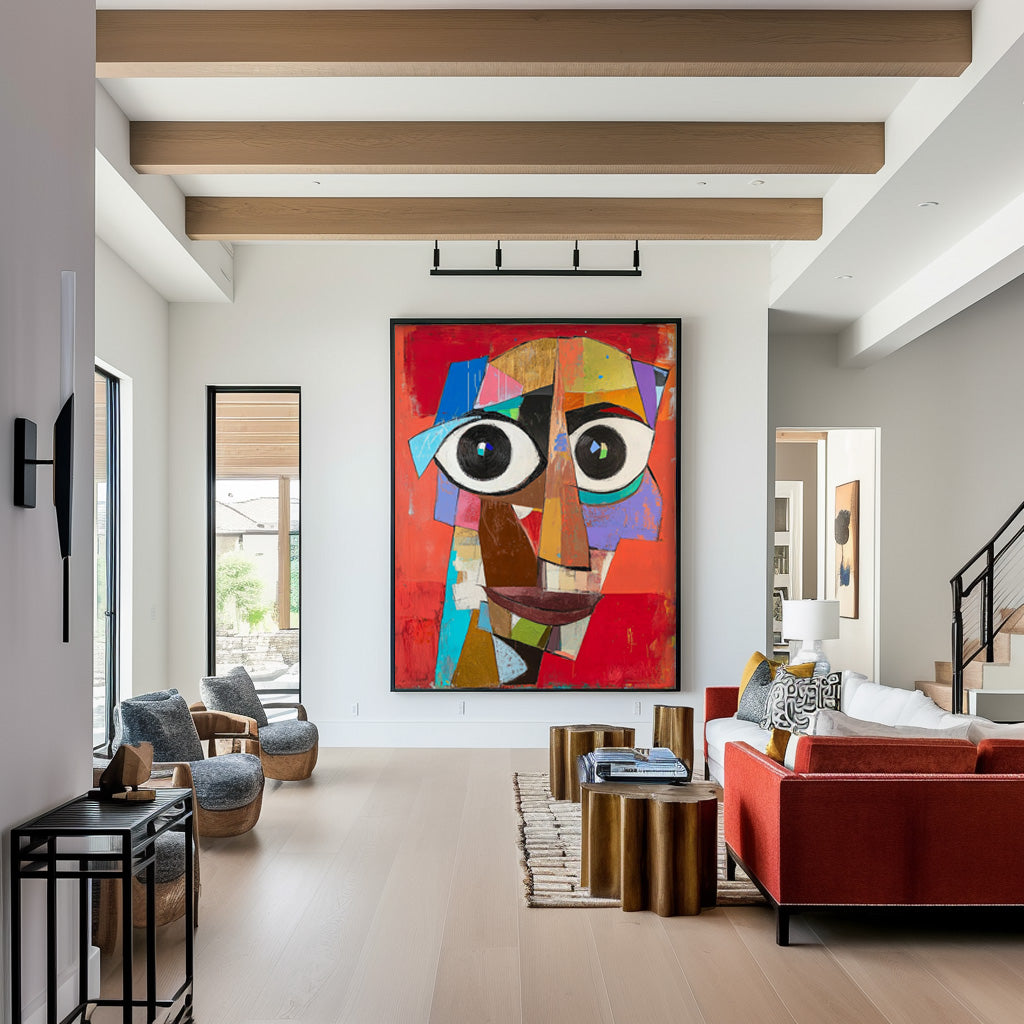 Modern Facial Wall Art Original Bold Bright Red Artwork Expressive Abstract Faces Painting Home Decor