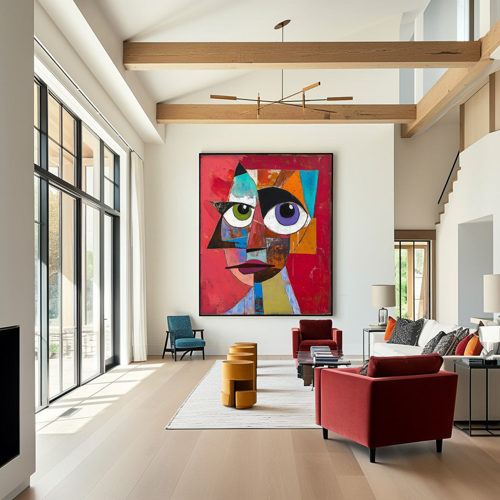 Original Bold Bright Red Artwork Expressive Abstract Faces Painting Modern Facial Wall Art Home Decor