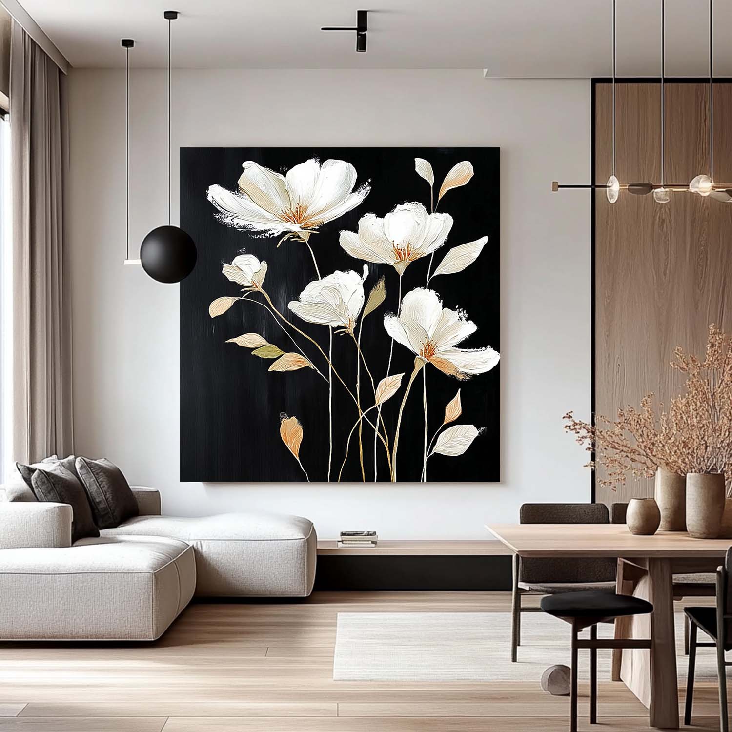 Black Original Artwork Texture Plant Wall Art Large White Flower Abstract Oil Painting Canvas Home Decor