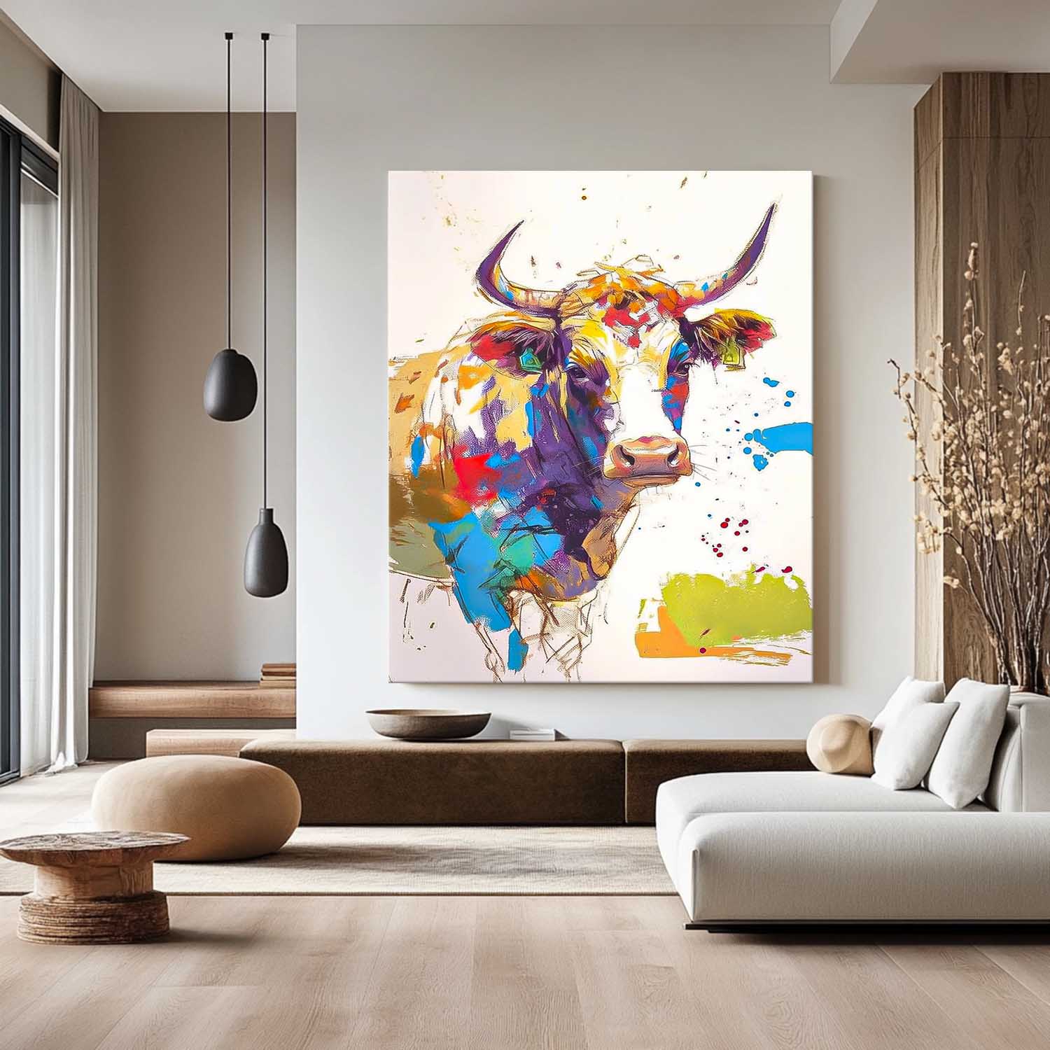 Modern Colorful Cow Abstract Wall Art Minimalism Ox Animal Oil Painting Large Acrylic Painting Home Decor