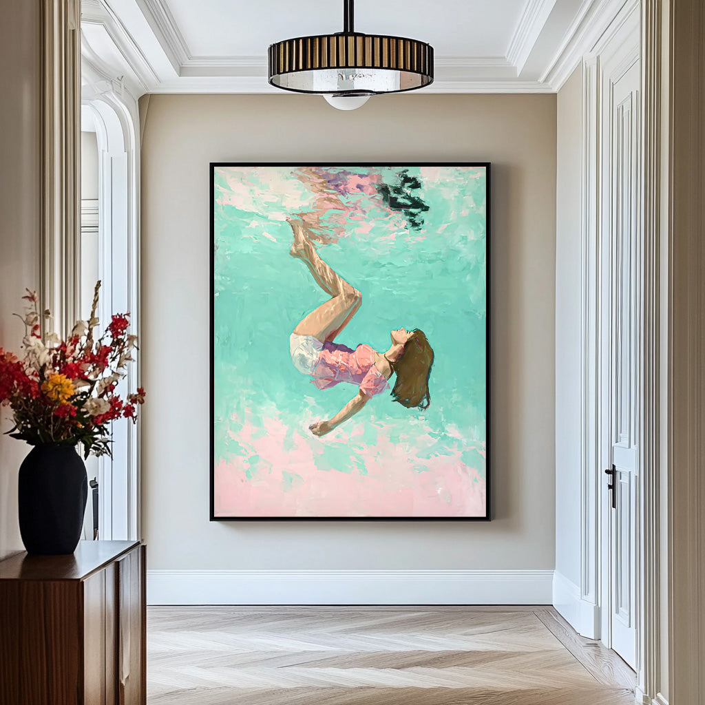 Green And Pink Diving In Ocean Woman Acrylic Painting Cute Lady Artwork Original Girl swimming Wall Art