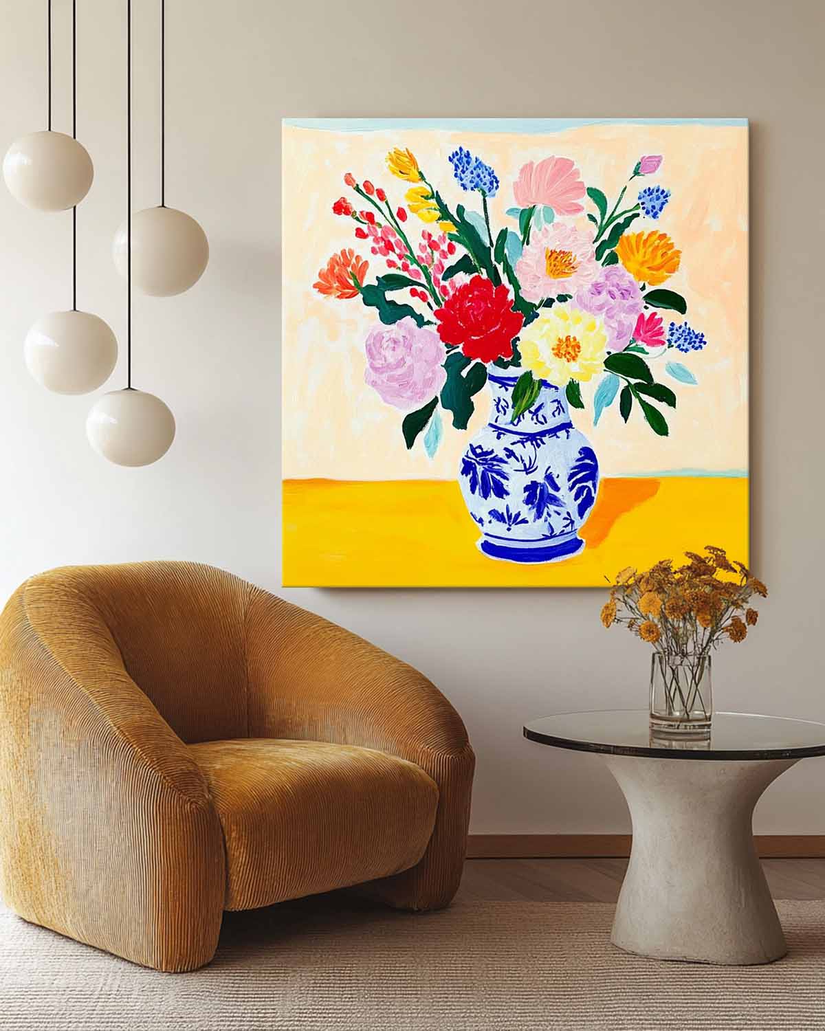 Original Flower Square Vase Artwork Floral Texture Painting on Canvas Large Illustration style Wall Art