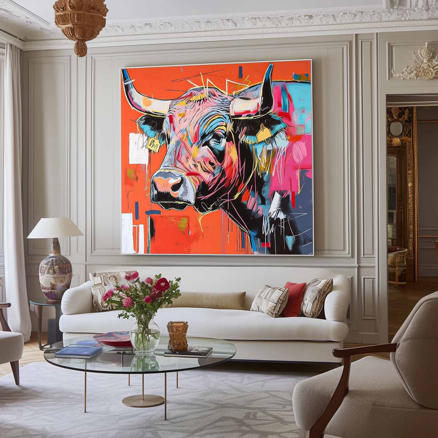 Original Lovely Cow Wall Art Large Colorful Animal Artwork Home Decor Square Ox Oil Painting Canvas