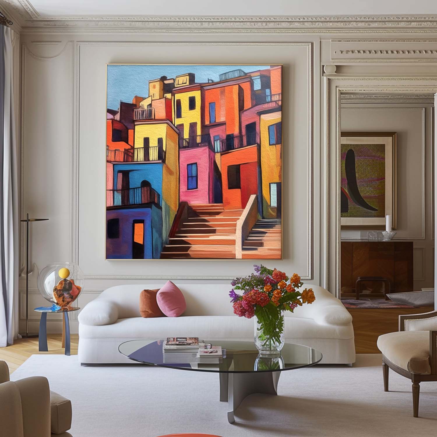 Modern Colorful House Oil Painting Large Acrylic painting Original Architecture Wall Art Home Decor