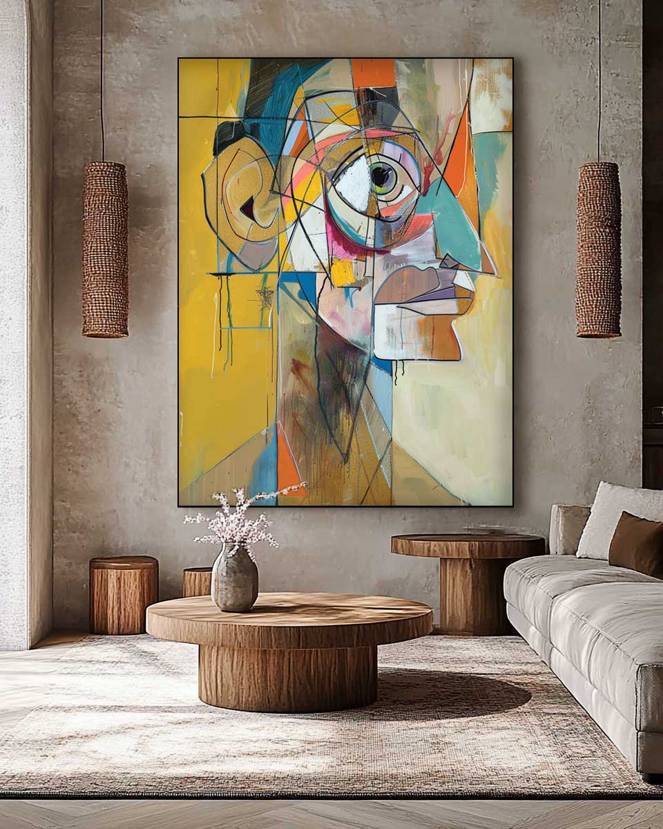 Expressive Abstract Faces Painting Modern Facial Wall Art Original Bold Yellow Artwork Home Decor