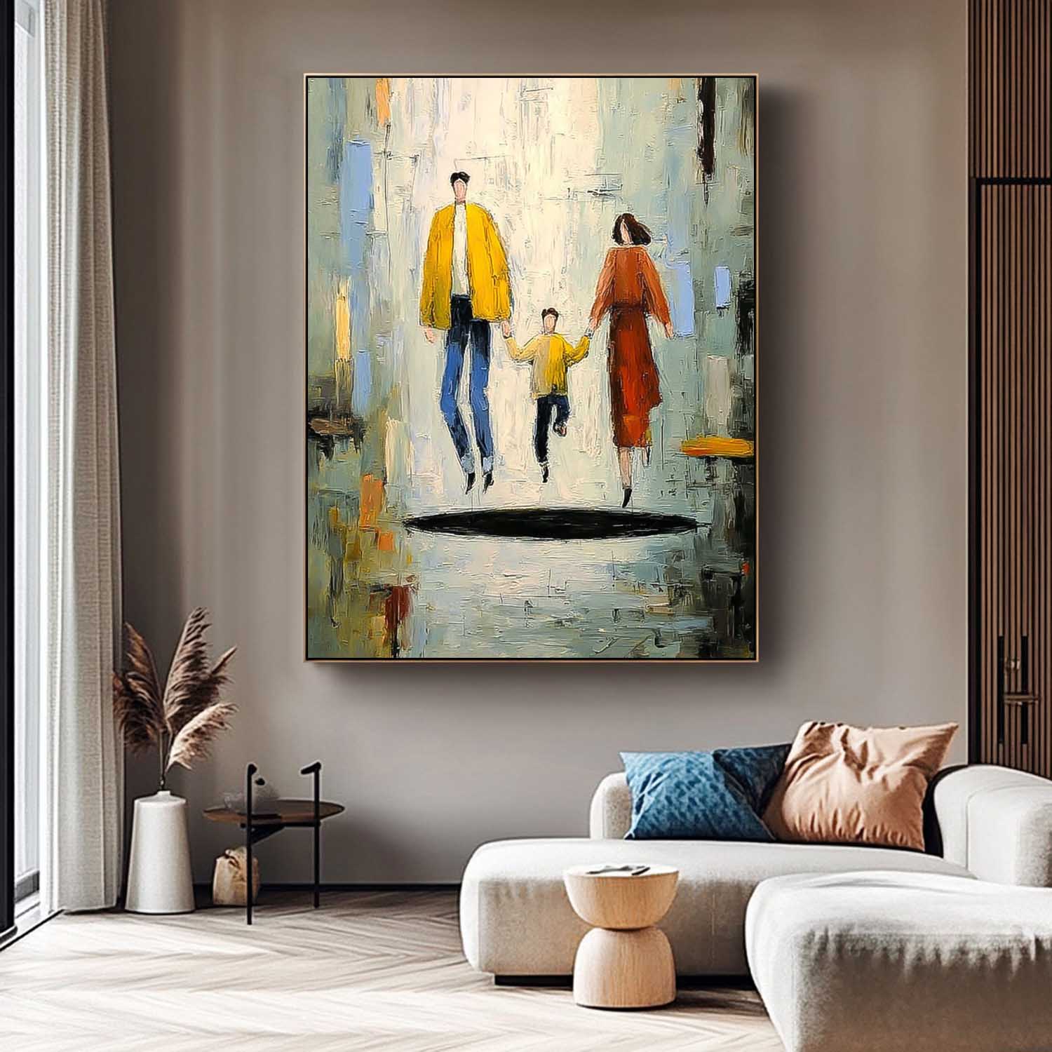 Minimalist Family Wall Art Modern City Silhouette Original Neutral Background Oil Painting Home Decor