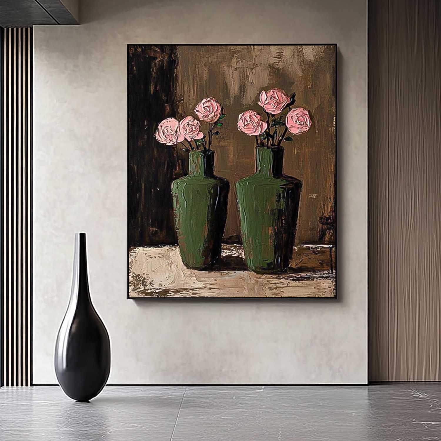 Pink Flowers Acrylic Painting Canvas Original Floral Painting Large Textured Vase Art For Living Room