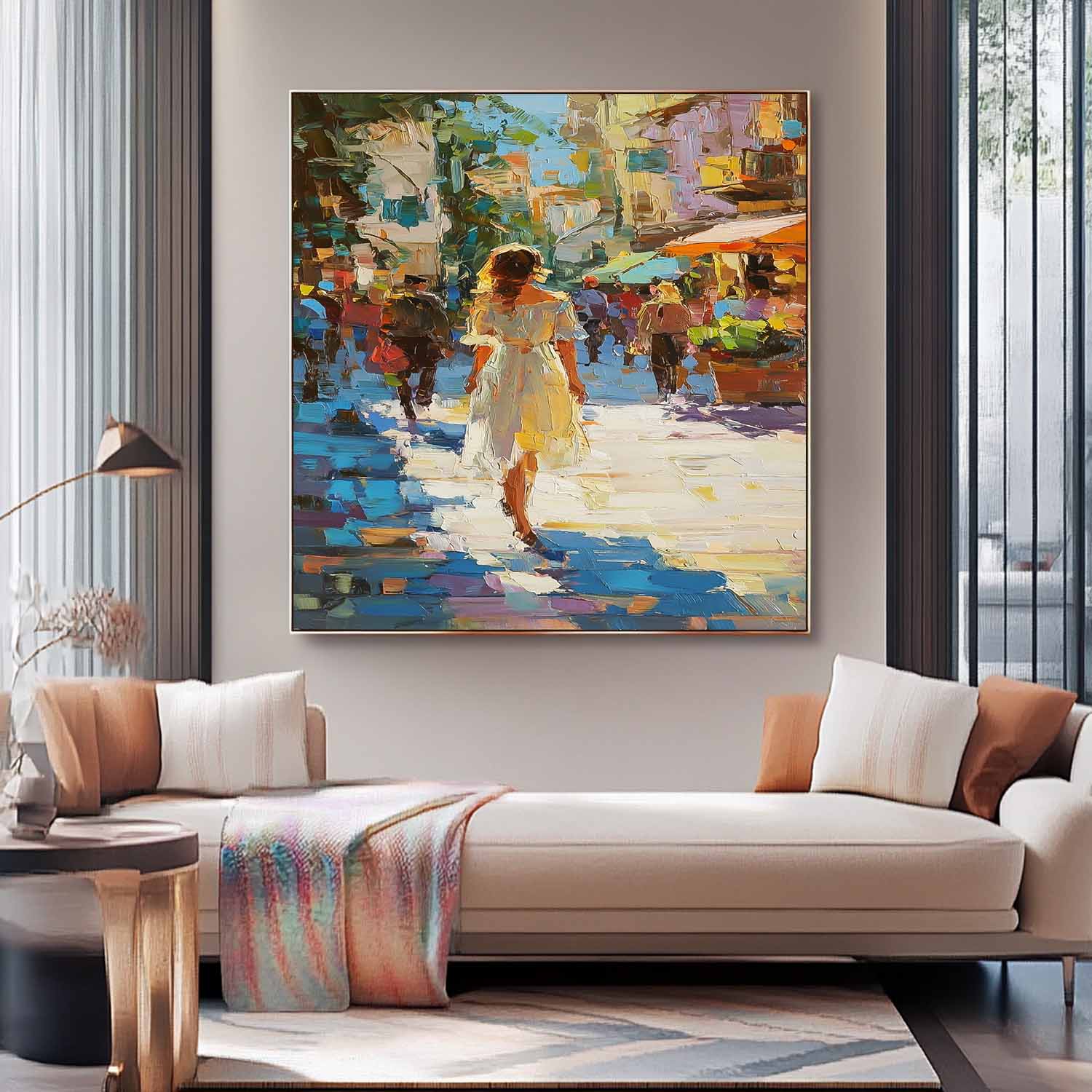 Colorful Impressionist Street Scene Oil Painting Original Artwork City Street Market Scene For Living Room