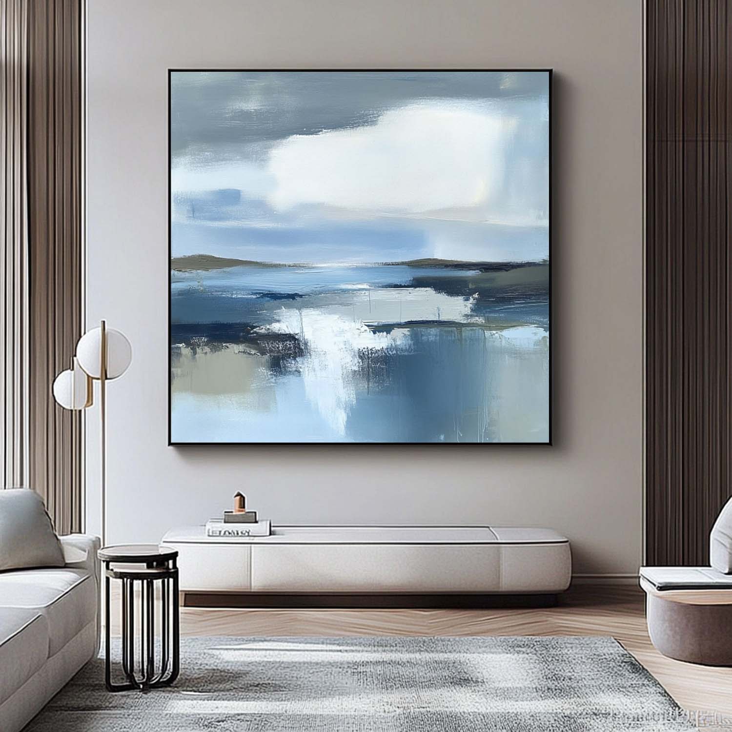 Blue Landscape Artwork Abstract Lake Landscape Oil Painting Large Blue Texture Wall Art Framed Home Decor
