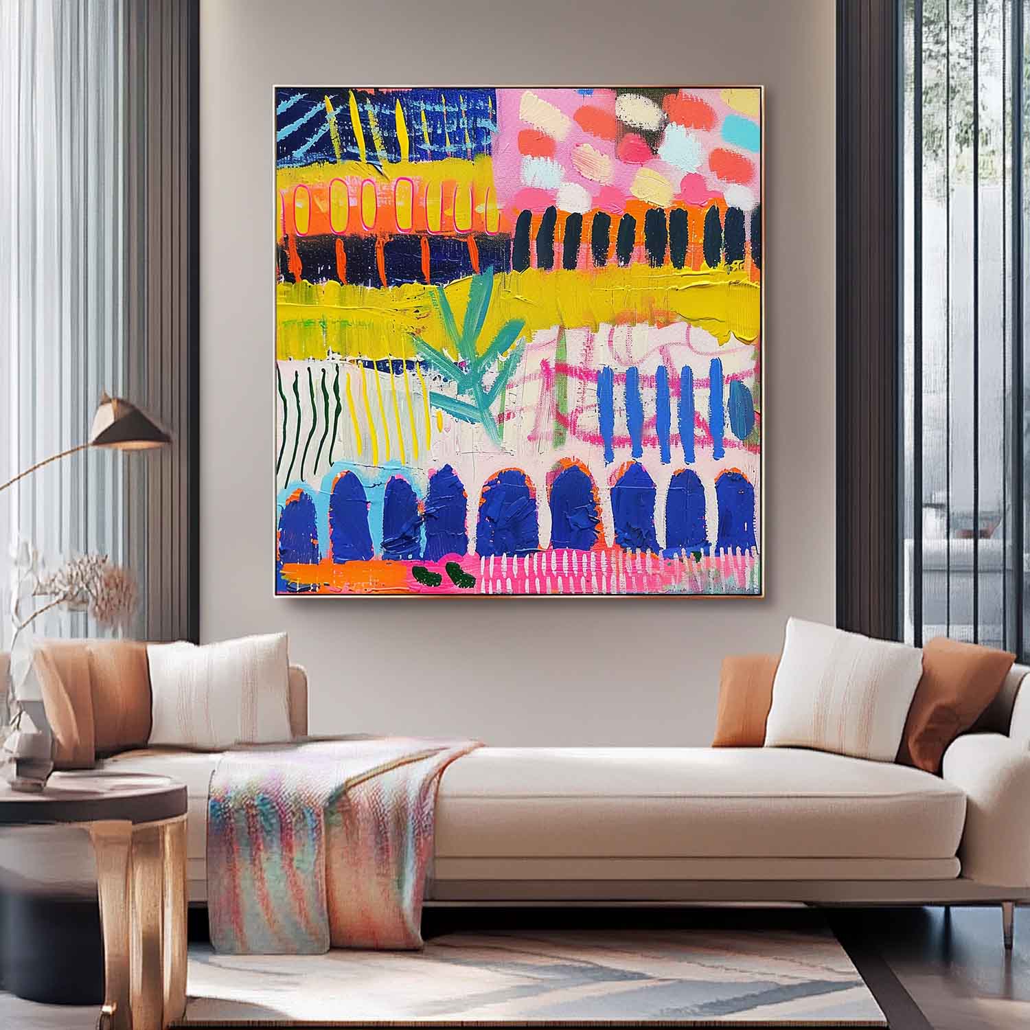 Original Square Canvas Wall Art Modern Textured Artwork Colorful Large Graffiti Abstract Oil Painting