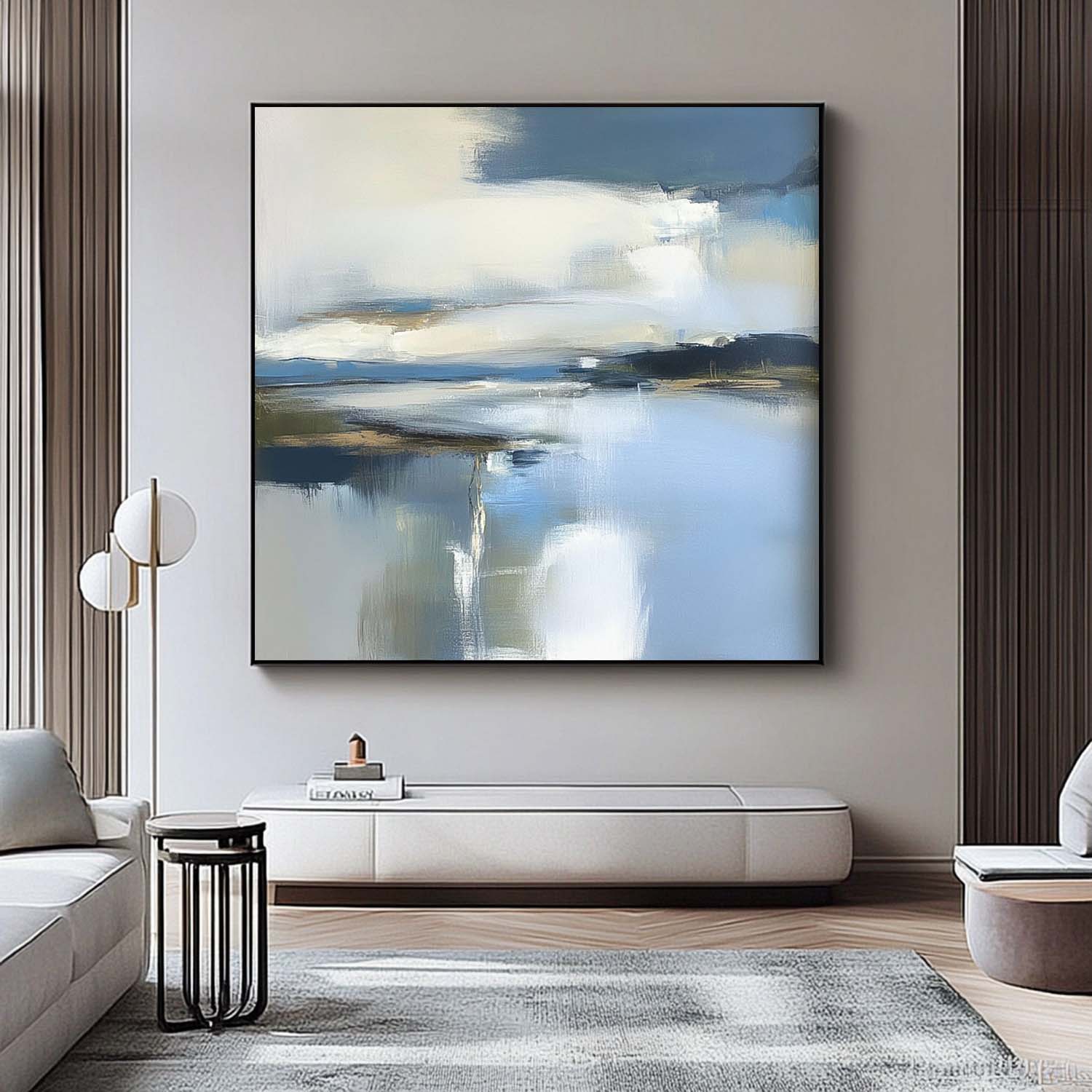 Abstract Lake Landscape Oil Painting Blue Landscape Artwork Large Blue Texture Wall Art Framed Home Decor