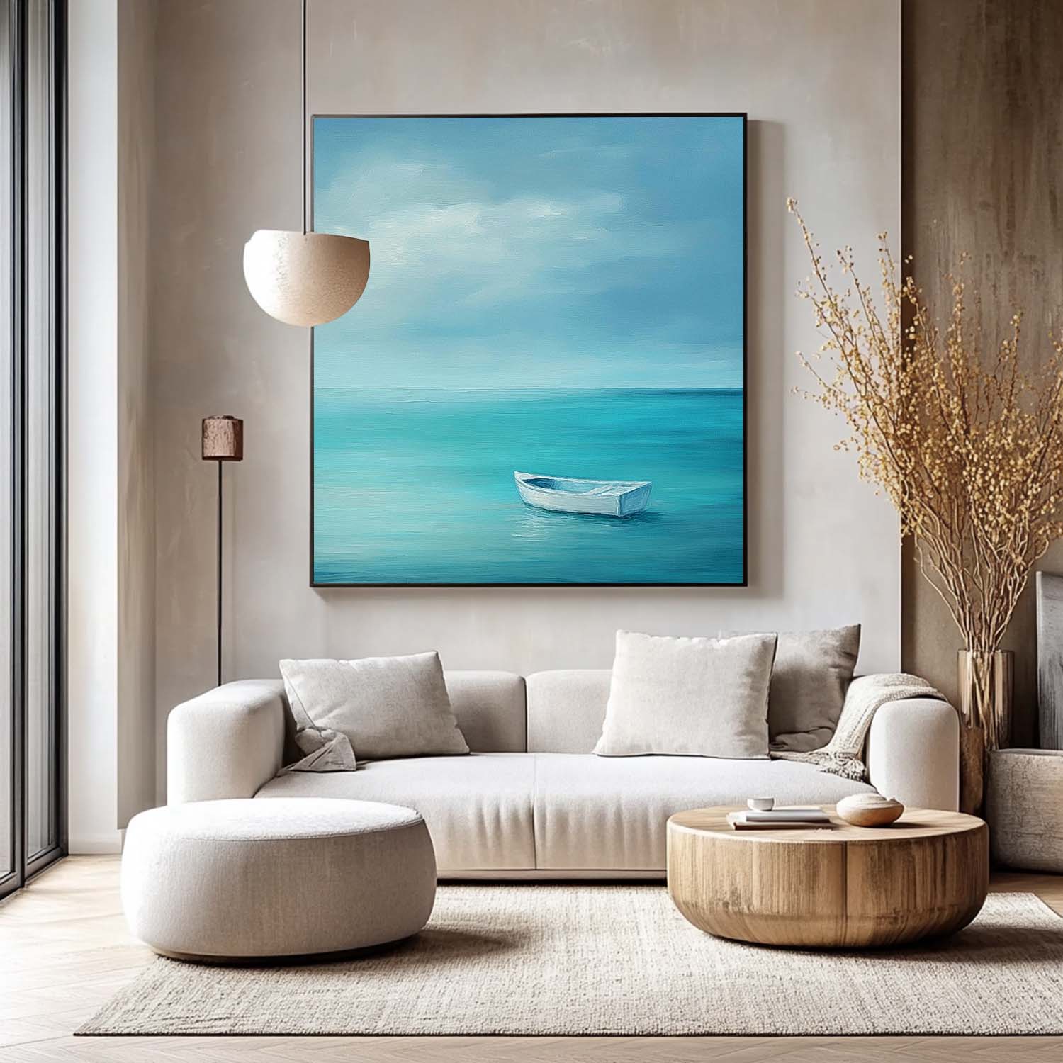 Large Small Boat Wall Art Seaside Landscape Artwork Abstract Offing Scenery Oil Painting Framed Home Decor