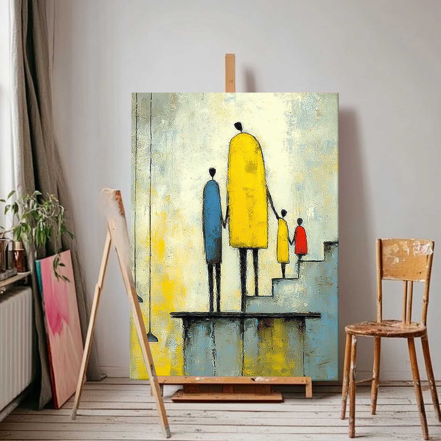 Original Neutral Background Oil Painting Minimalist Family Wall Art Modern City Silhouette Home Decor