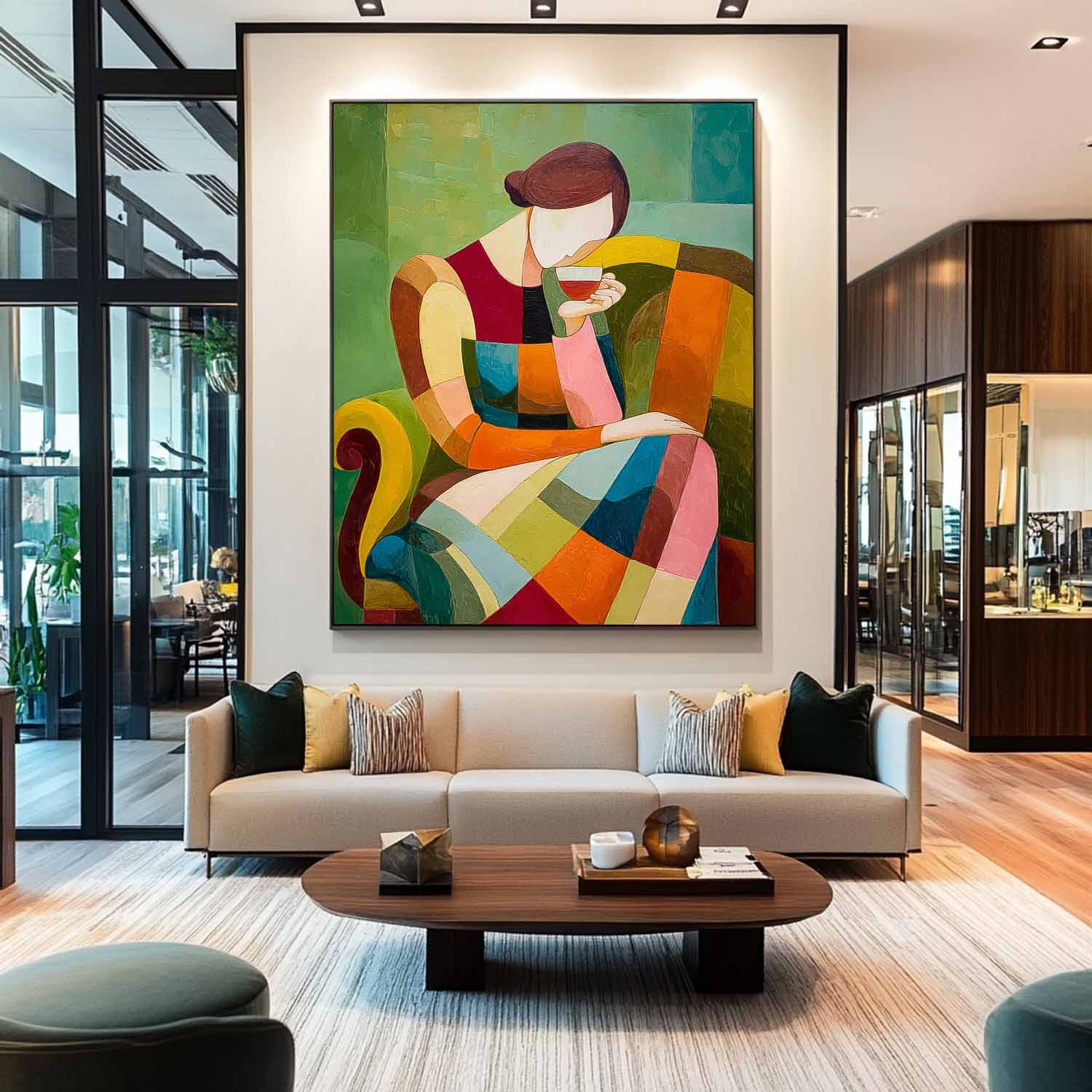 Original Elegant Woman Wall Art Abstract Lady Geometric Color Blocks Oil Painting Canvas Figure Artwork