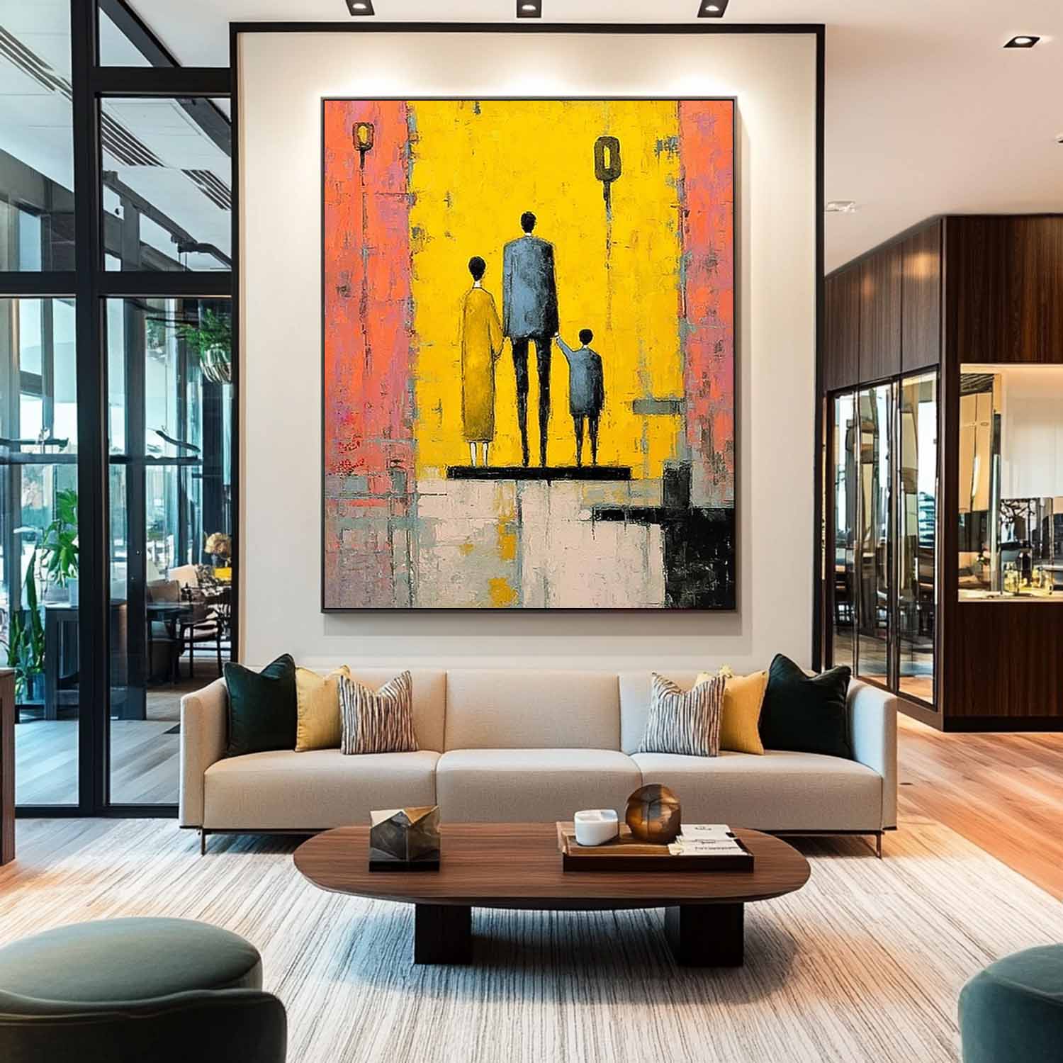 Modern Neutral Background Framed Minimalist Family Wall Art Original City Silhouette Oil Painting