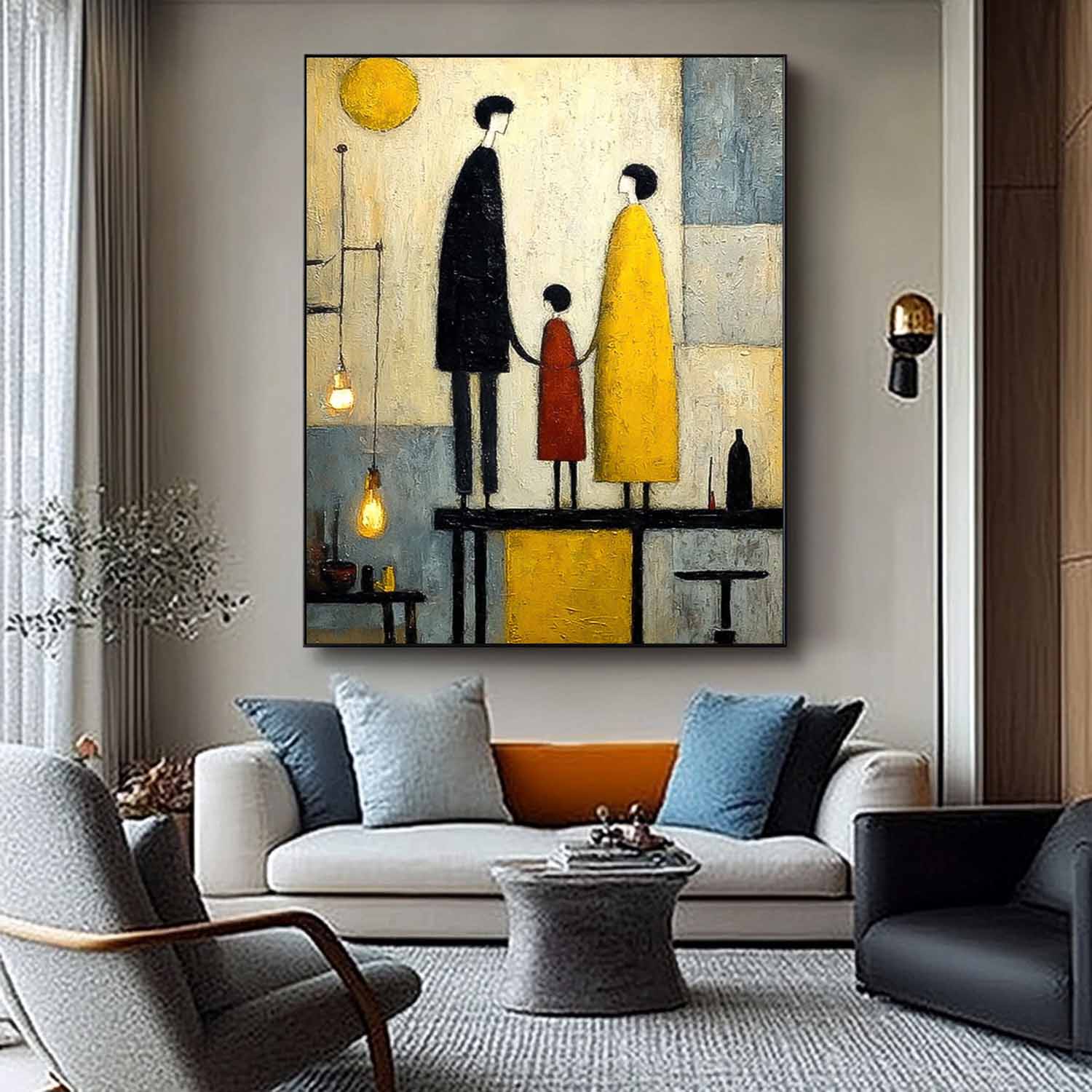 Modern City Silhouette Original Neutral Background Oil Painting Minimalist Family Wall Art Home Decor