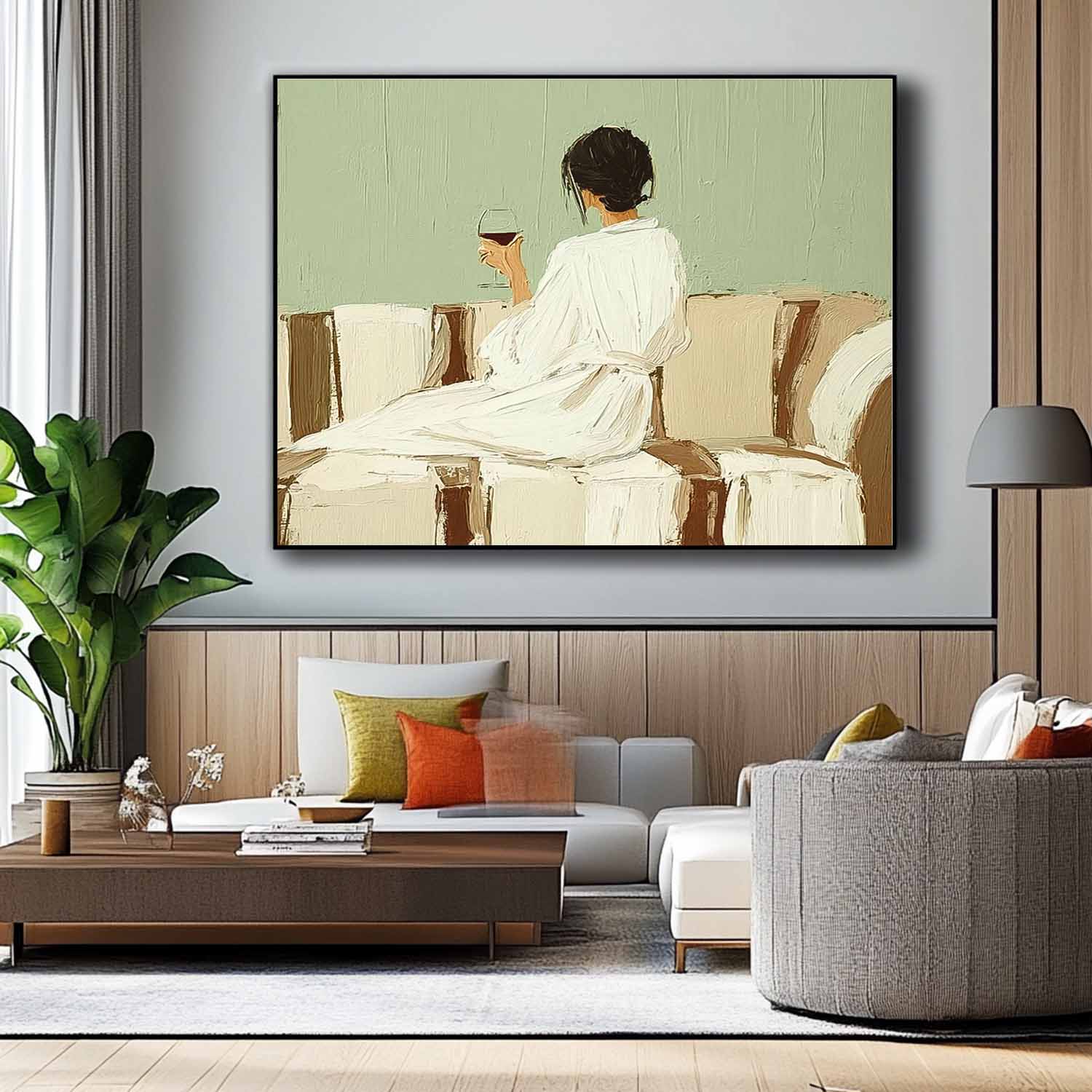 Abstract Lady Painting Canvas Figure Artwork Framed Original Wearing A Bathrobe Woman Wall Art