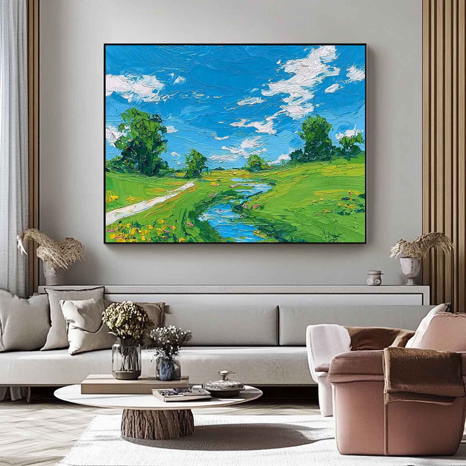 Abstract Fields And Rvers Landscape Oil Painting Rural Warmth Artwork Large Texture Scenery Wall Art Framed