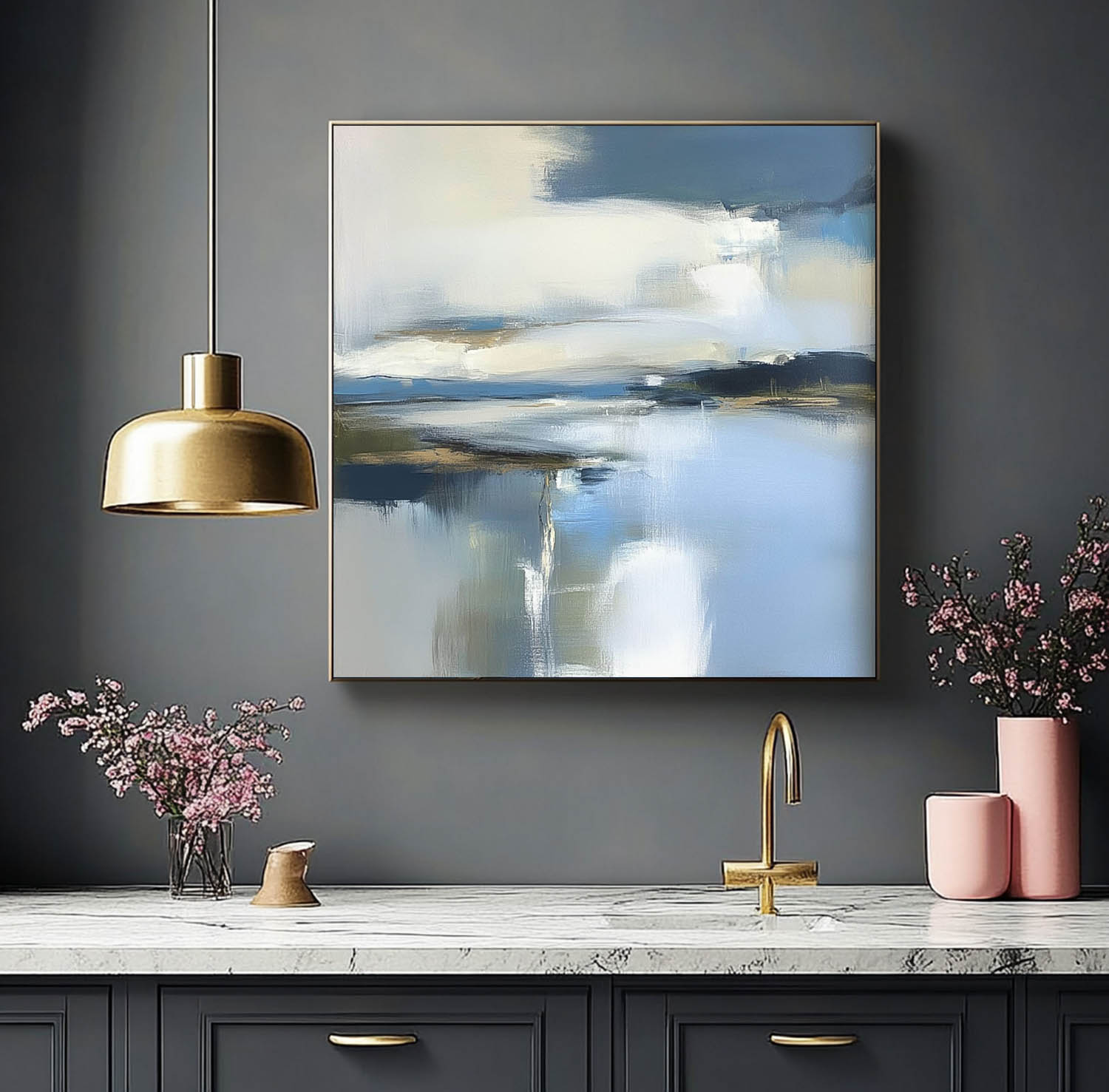 Abstract Lake Landscape Oil Painting Blue Landscape Artwork Large Blue Texture Wall Art Framed Home Decor