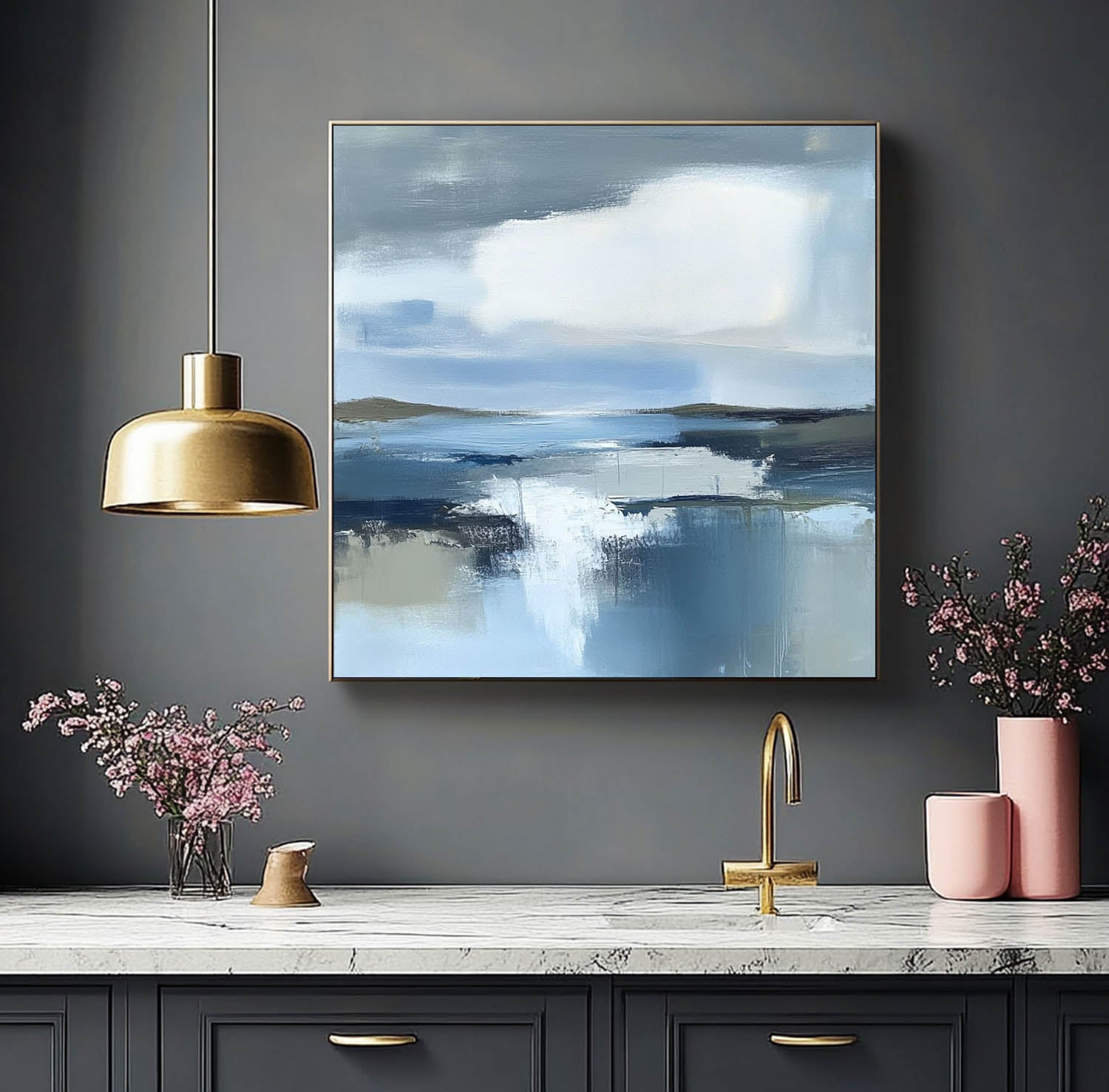 Blue Landscape Artwork Abstract Lake Landscape Oil Painting Large Blue Texture Wall Art Framed Home Decor