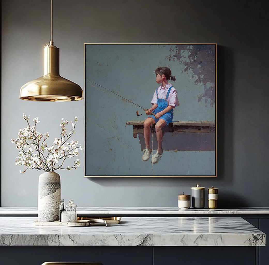 Abstract Warm atmosphere Art Original Grey Wall Art Minimalist Girl Fishing Painting For Living Room