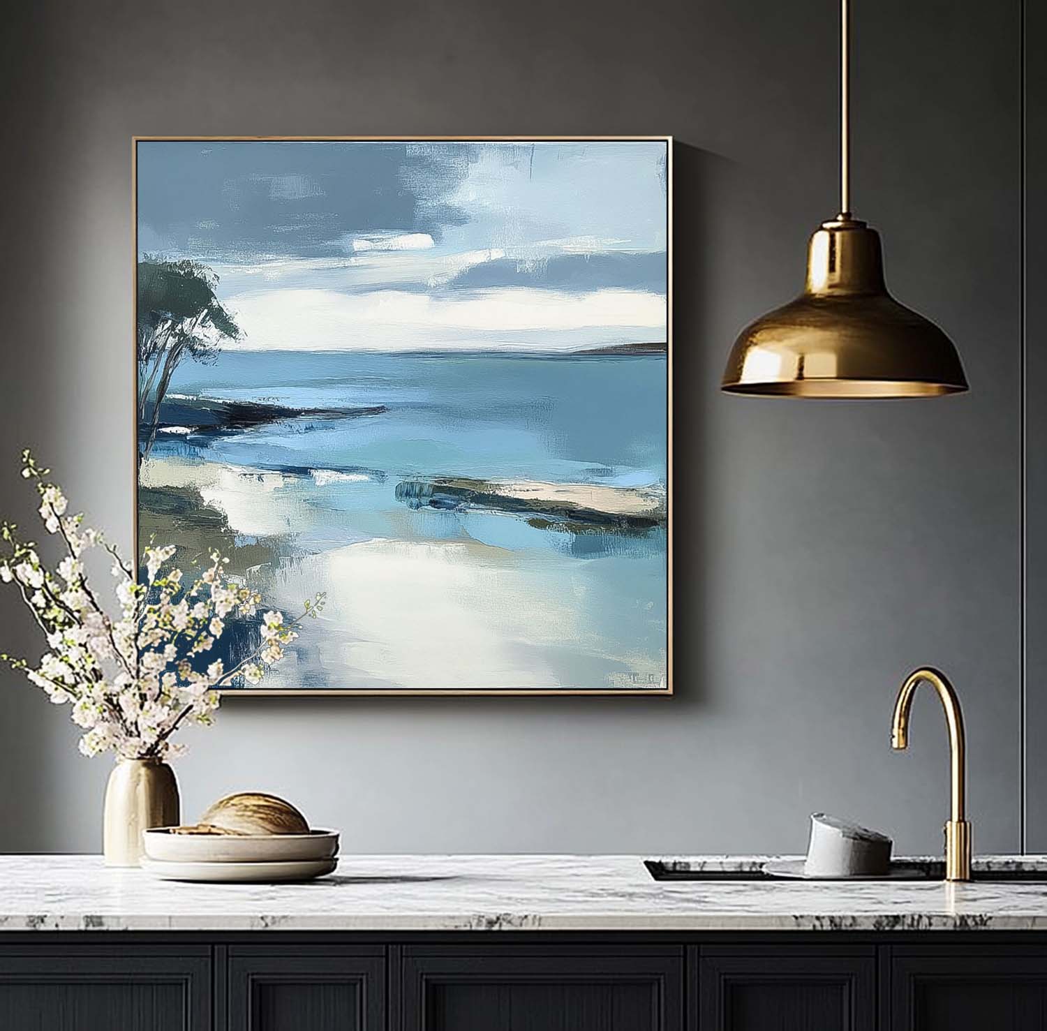 Large Blue Texture Wall Art Seaside Landscape Artwork Abstract Offing Scenery Oil Painting Framed Home Decor