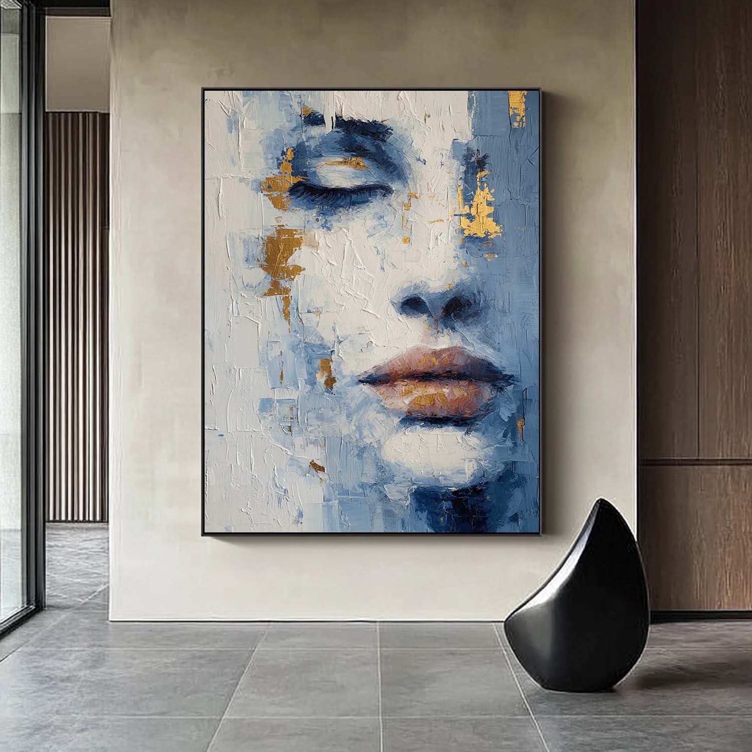 Abstract Portrait Painting Modern Blue & Gold Toned Impasto Wall Art Contemporary Minimalist Face Artwork
