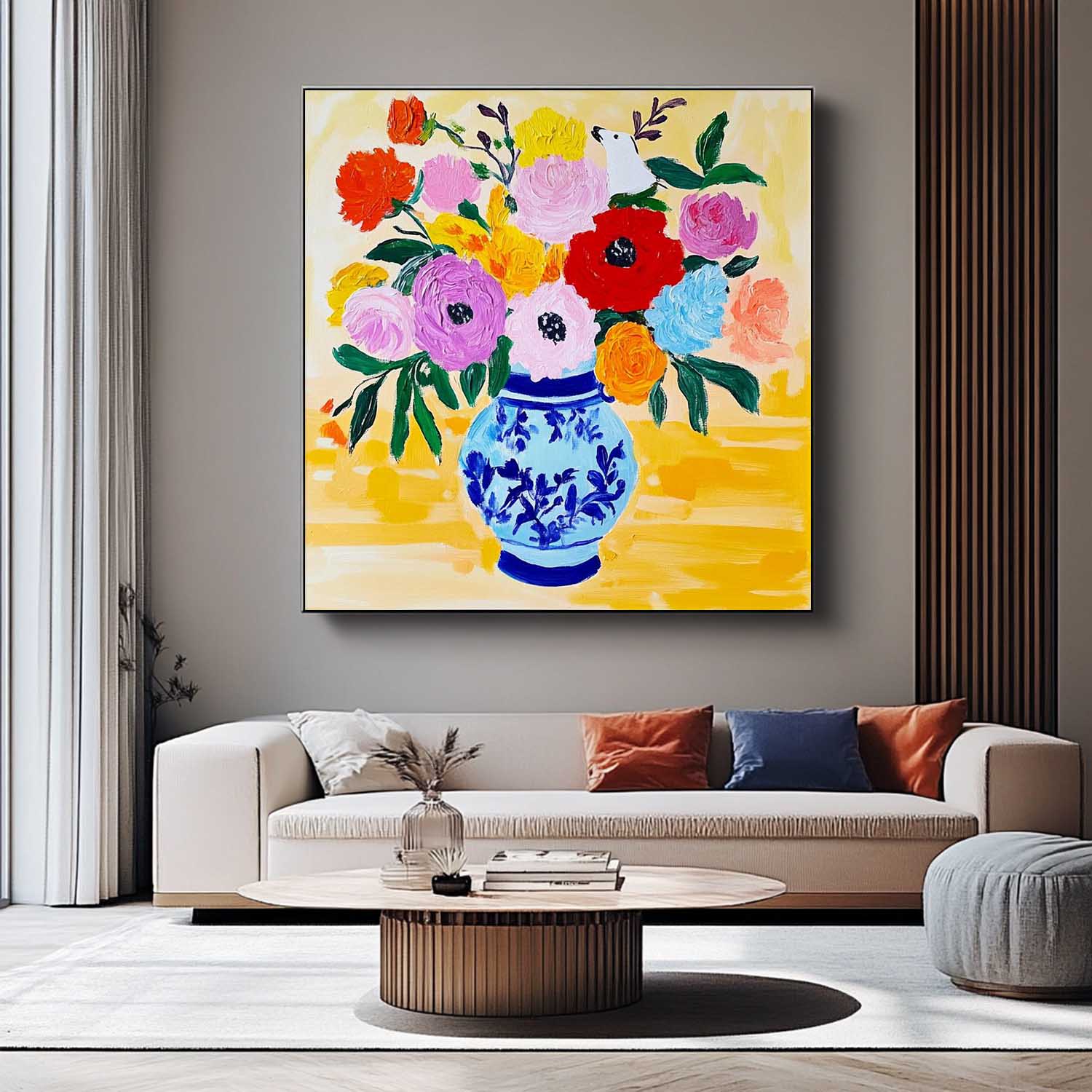 Floral Texture Painting on Canvas Original Flower Square Vase Artwork Large Illustration style Wall Art