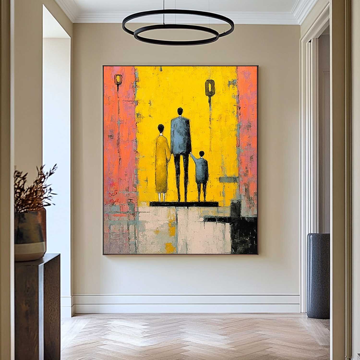 Modern Neutral Background Framed Minimalist Family Wall Art Original City Silhouette Oil Painting