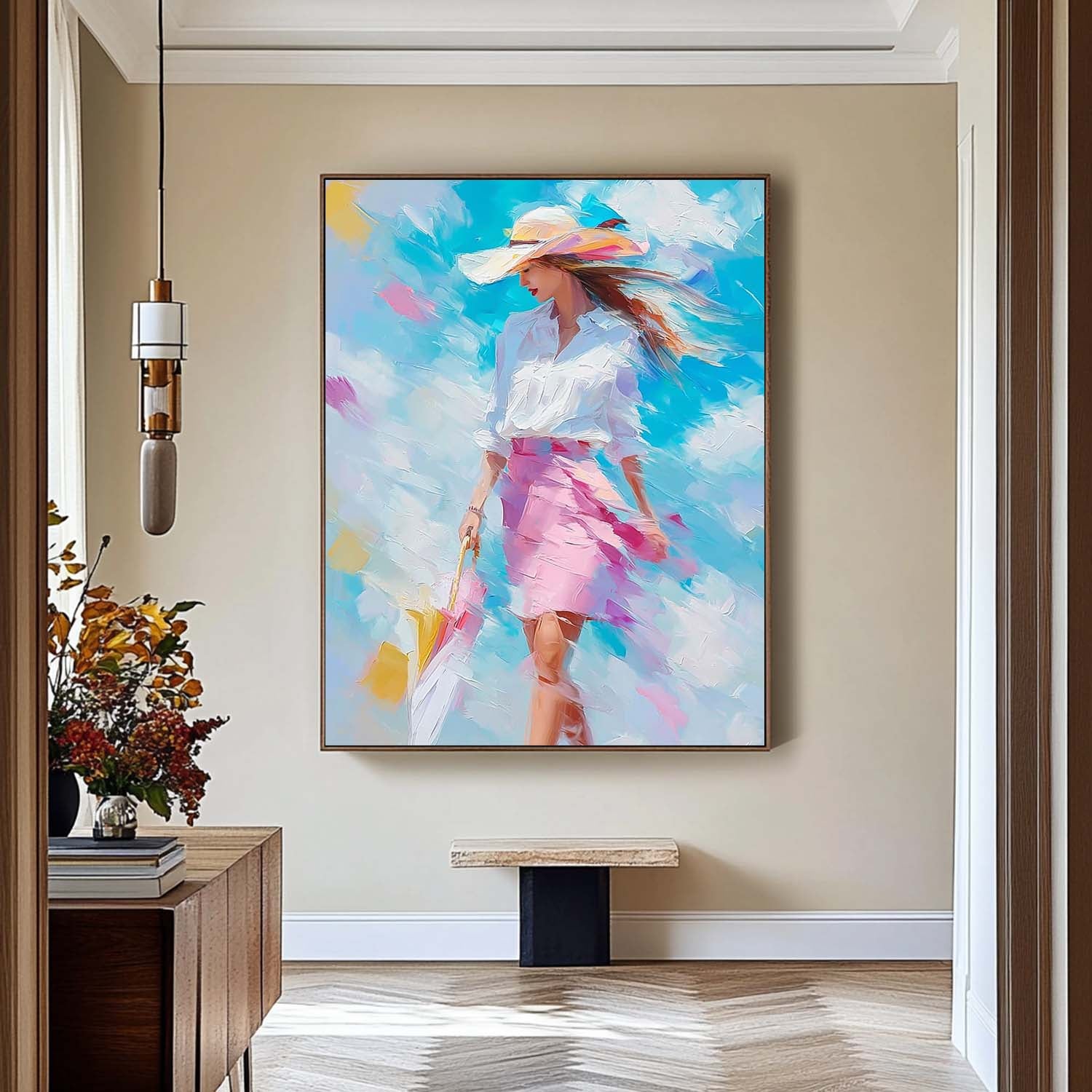 Large Vertical Fashion Wall Decor Urban Lady Style Canvas Sophisticated Gift Vibrant Urban Life Painting