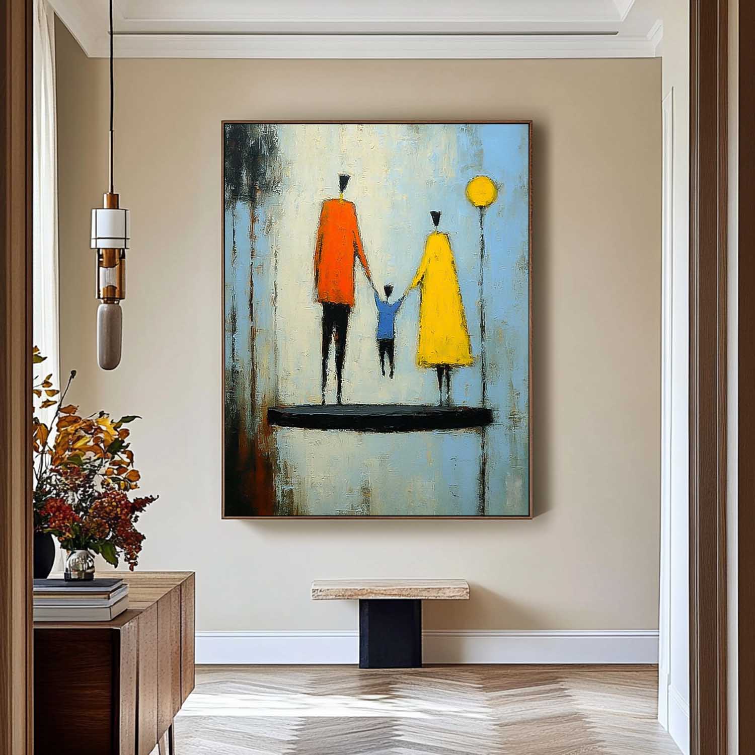 Minimalist Family Wall Art Modern Neutral Background Framed Original City Silhouette Oil Painting