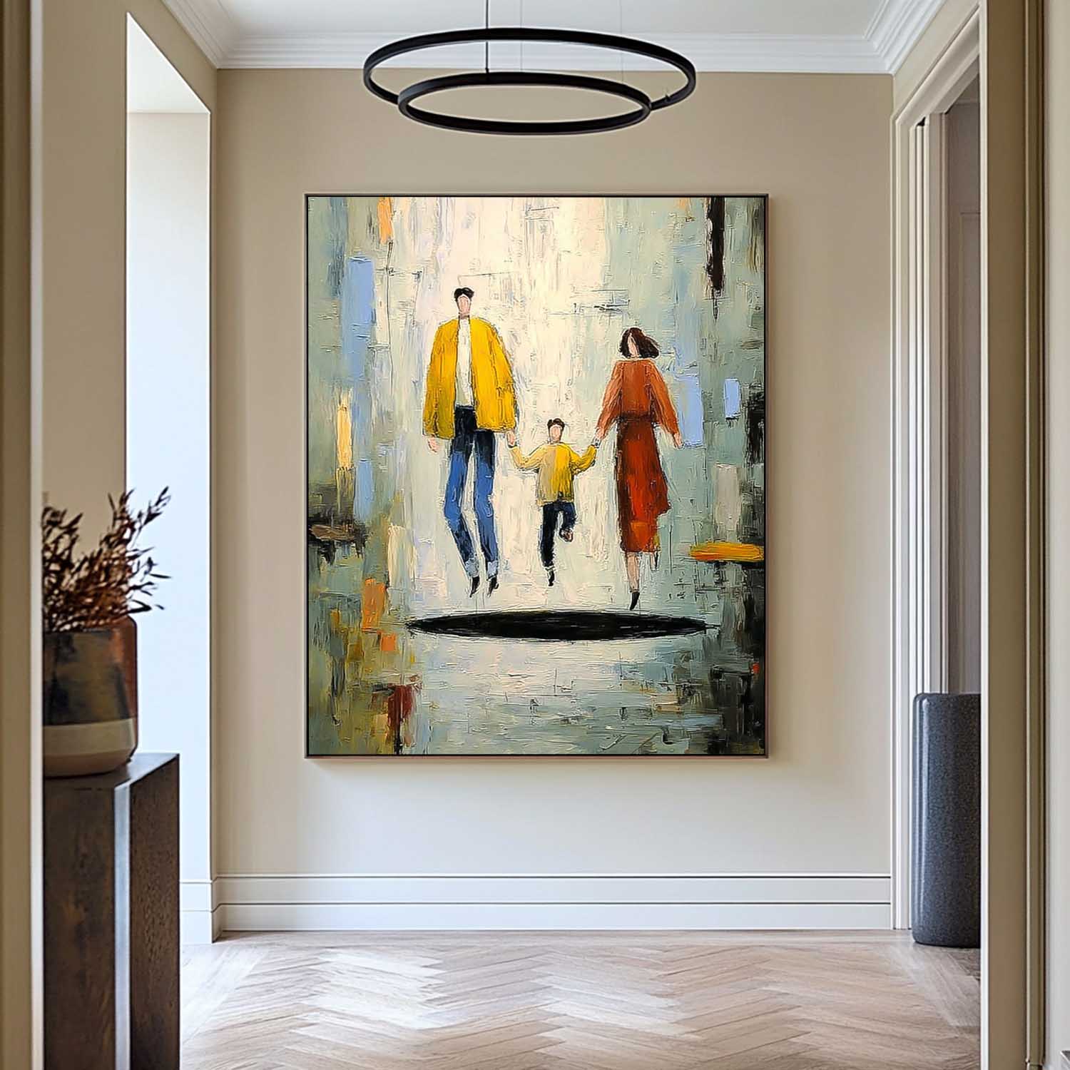 Minimalist Family Wall Art Modern City Silhouette Original Neutral Background Oil Painting Home Decor