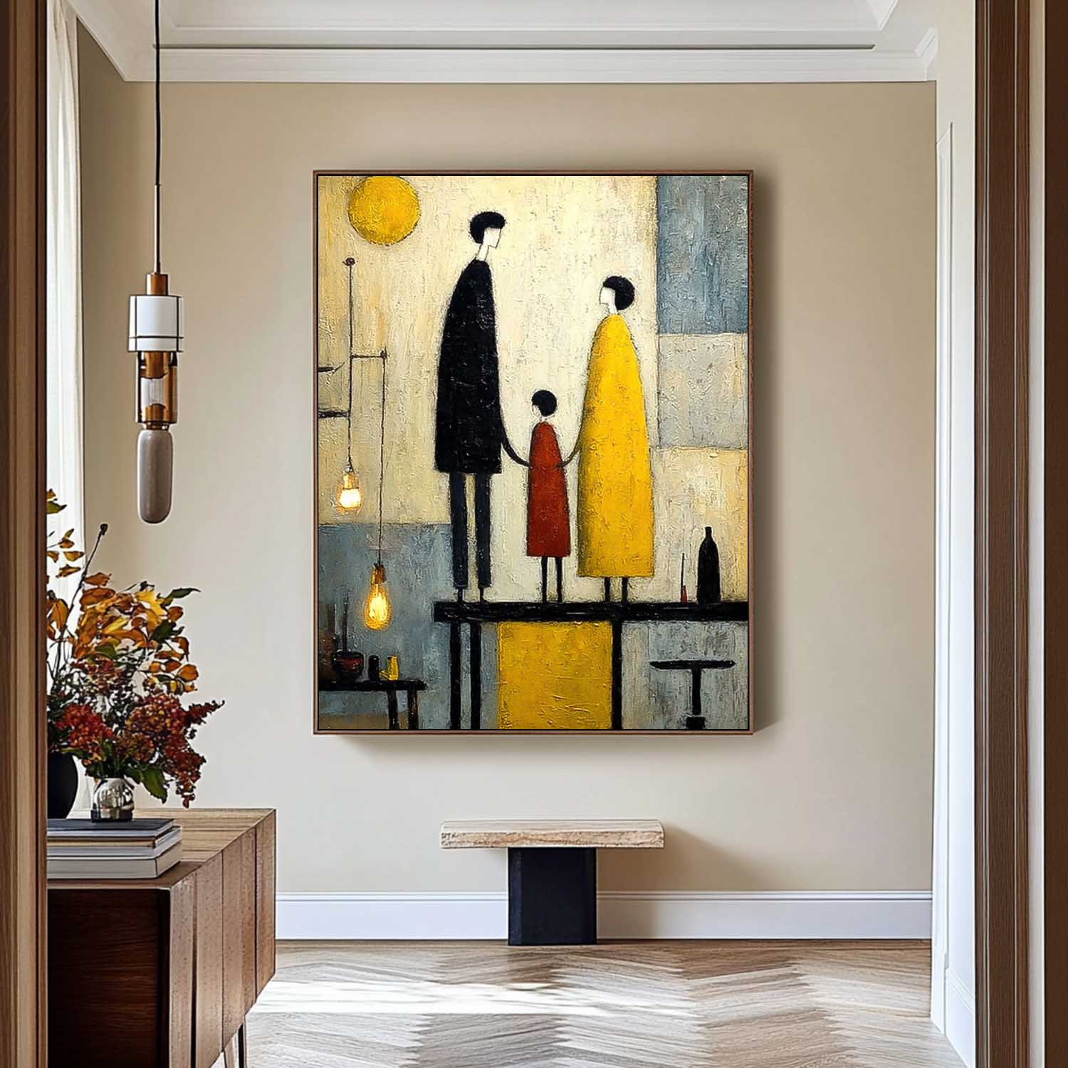 Modern City Silhouette Original Neutral Background Oil Painting Minimalist Family Wall Art Home Decor