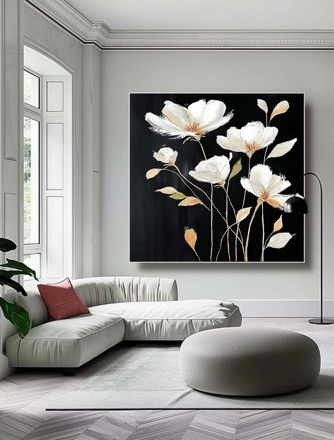 Black Original Artwork Texture Plant Wall Art Large White Flower Abstract Oil Painting Canvas Home Decor