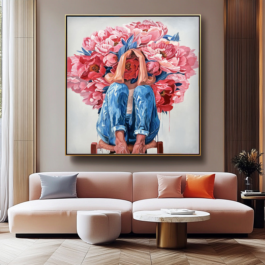 Original Beautiful Peony People Artwork Abstract Figure Painting Canvas Large Woman Wall Art Home Decor