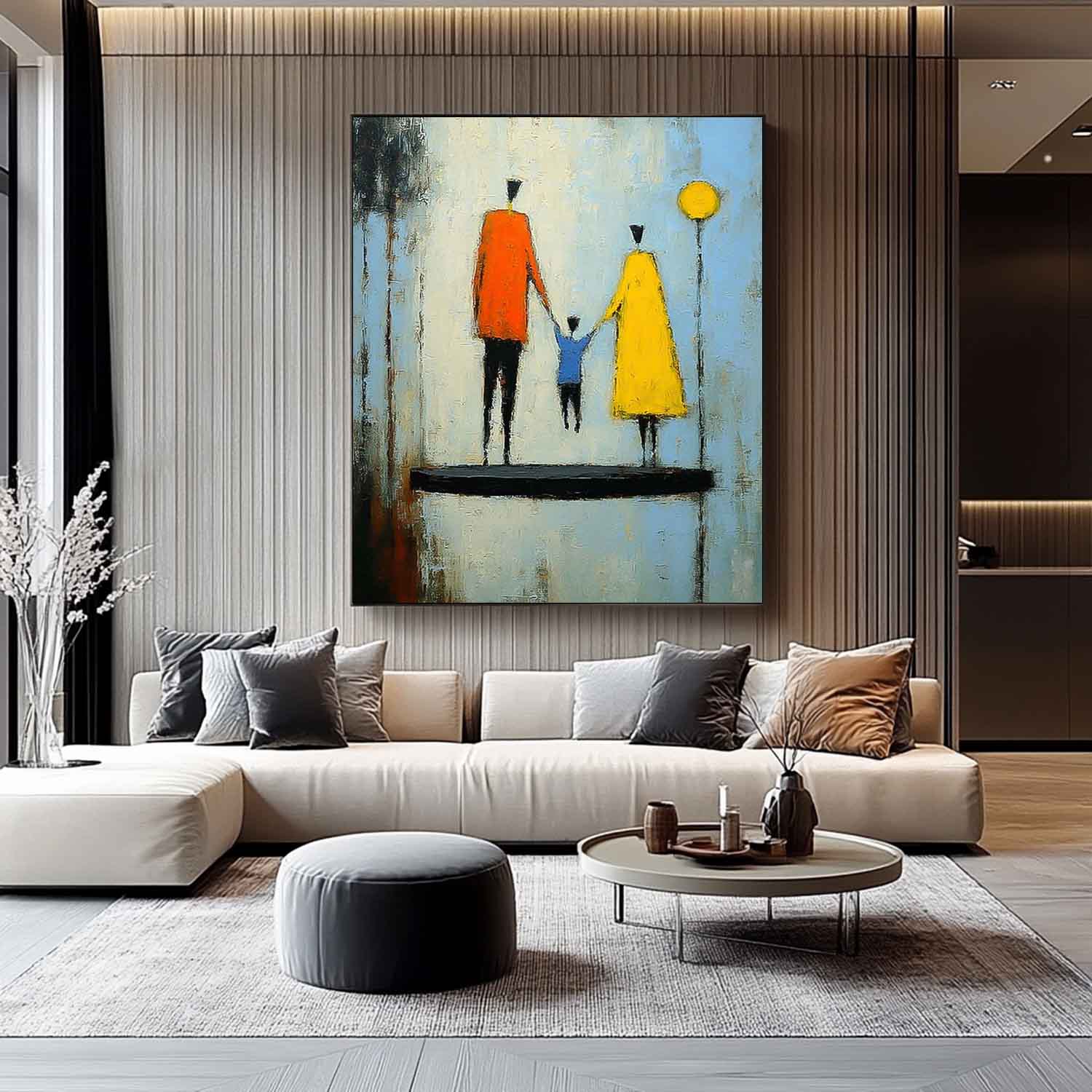 Minimalist Family Wall Art Modern Neutral Background Framed Original City Silhouette Oil Painting