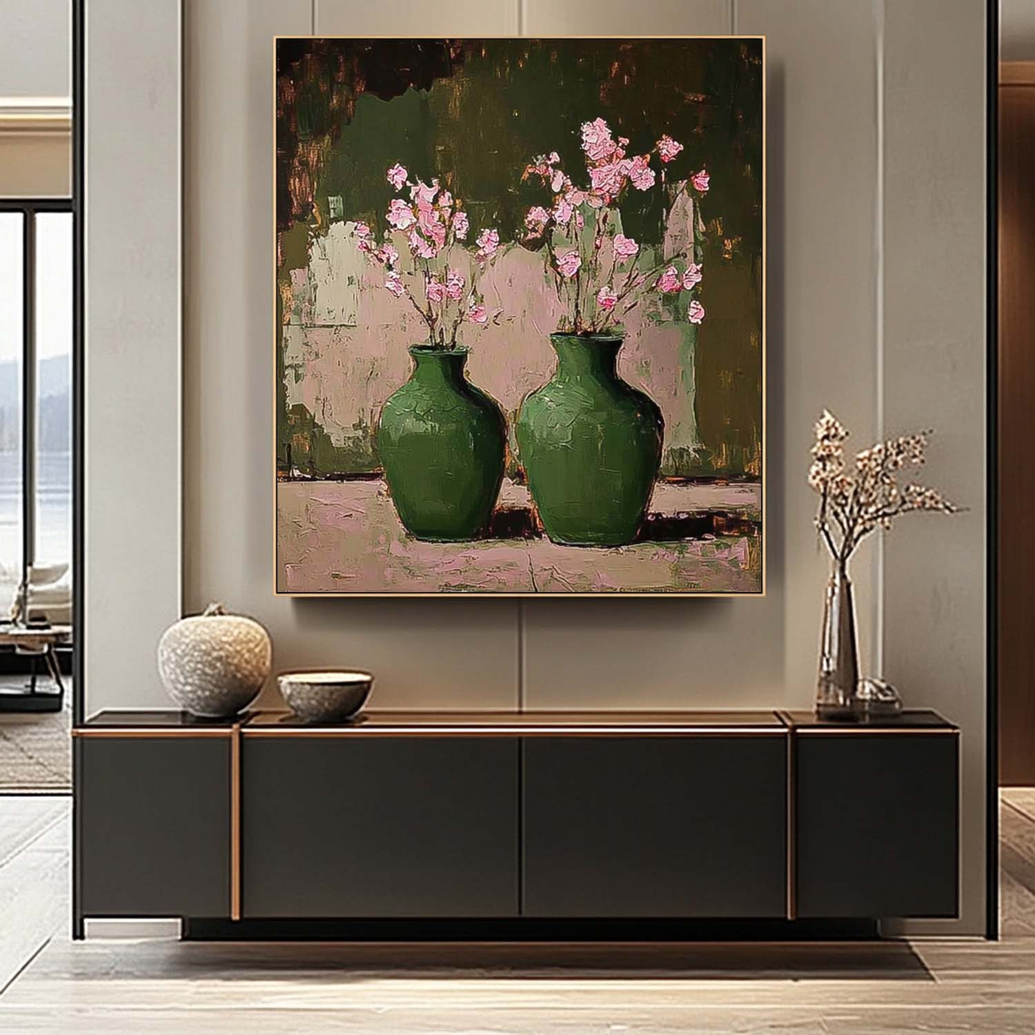Square Large Retro Vase ArtFlowers Acrylic Painting Canvas Original Floral Painting For Living Room