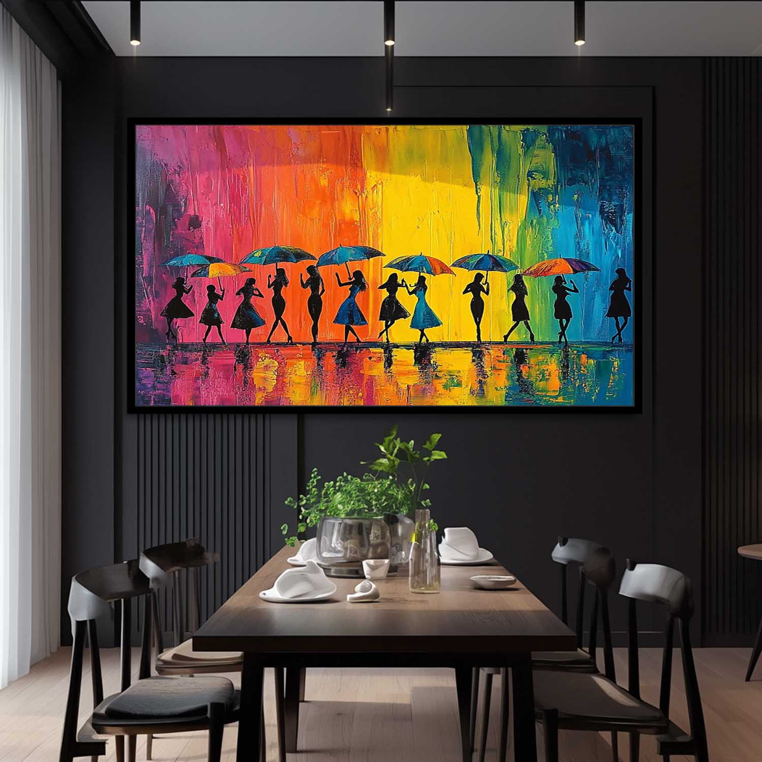 Original People Silhouette Artwork Expressive Rainy Street Modern Acrylic Painting Large Colorful Wall Art