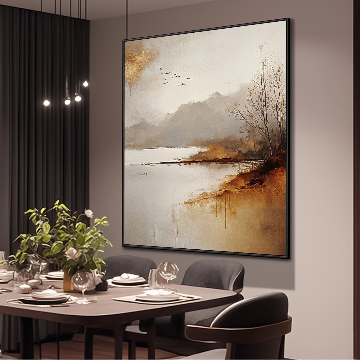 Large Minimalism Wall Art Vllage Landscape Artwork Abstract Scenery Oil Painting Framed Home Decor