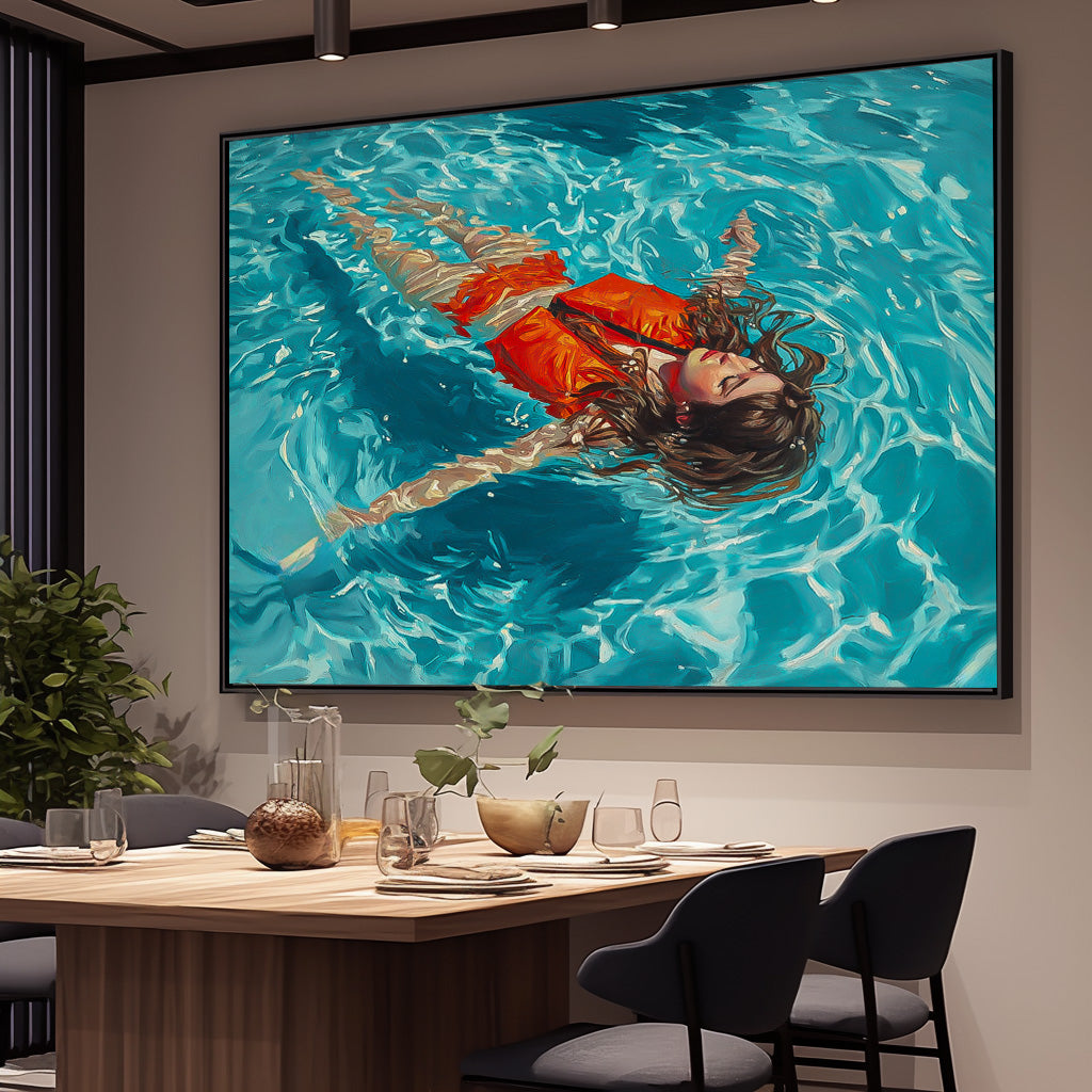 Large Color Artwork Original Girl Diving Oil Painting Diving In Ocean Sensual Woman Swimming Wall Art