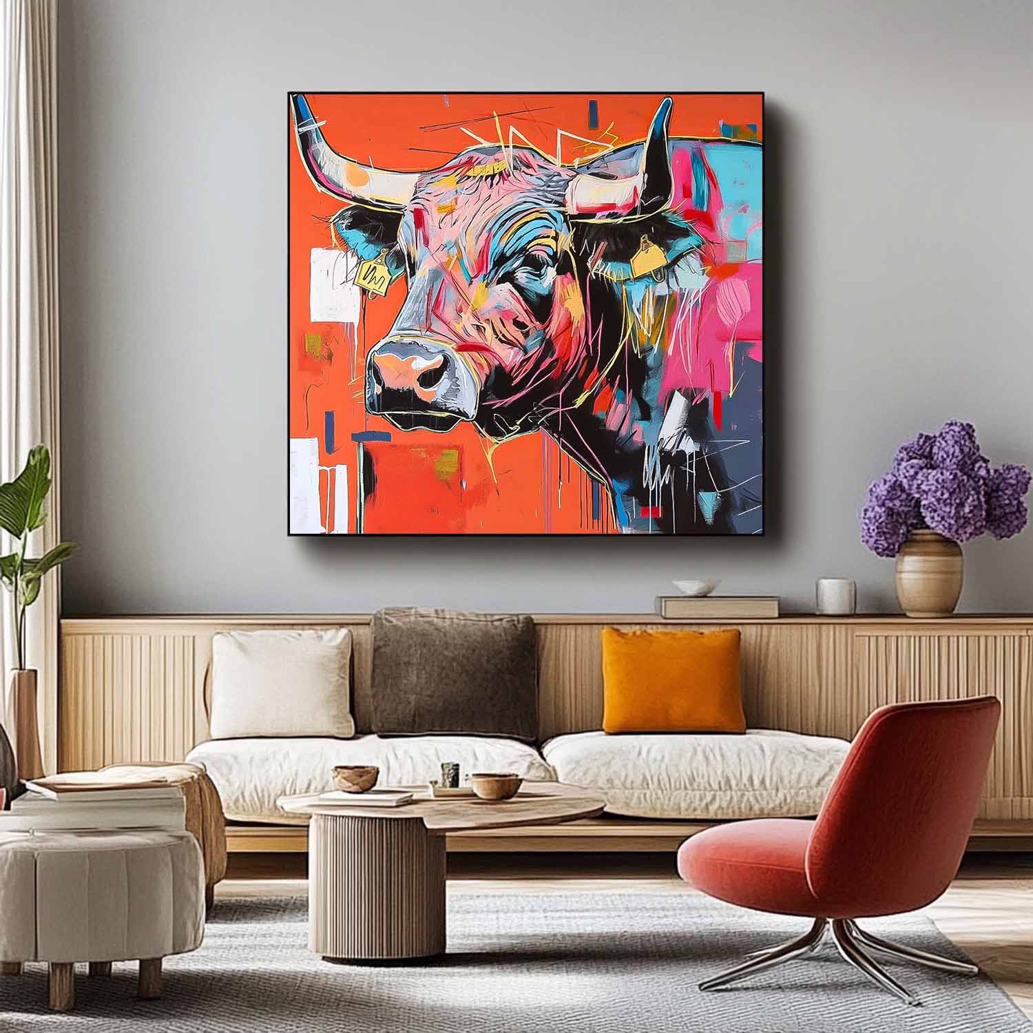 Original Lovely Cow Wall Art Large Colorful Animal Artwork Home Decor Square Ox Oil Painting Canvas