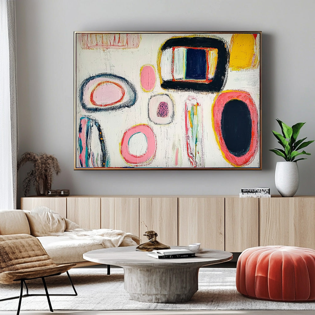 White Abstract Graffiti Oil Painting Modern Colorful Artwork Original Irregular Geometric Circles Wall Art