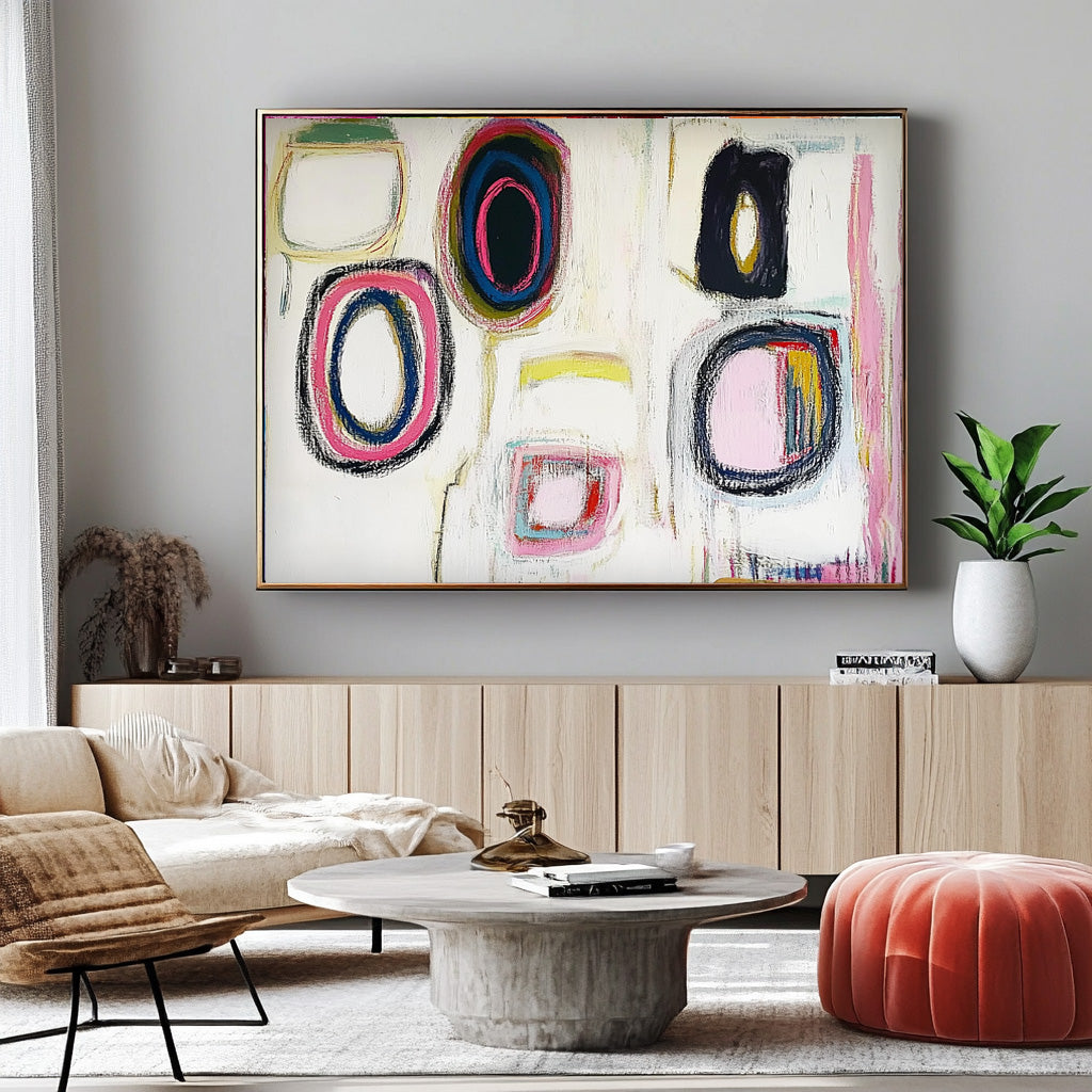 White Abstract Handmade Oil Painting Modern Colorful Artwork Original Irregular Geometric Circles Wall Art