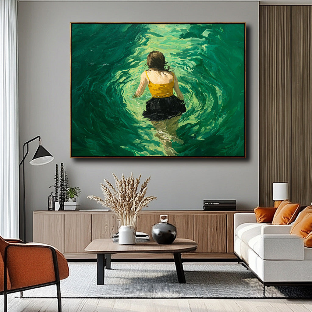 Abstract Green Artwork Original Girl Diving In Ocean Painting Sensual Lady Figure Swimming Wall Art